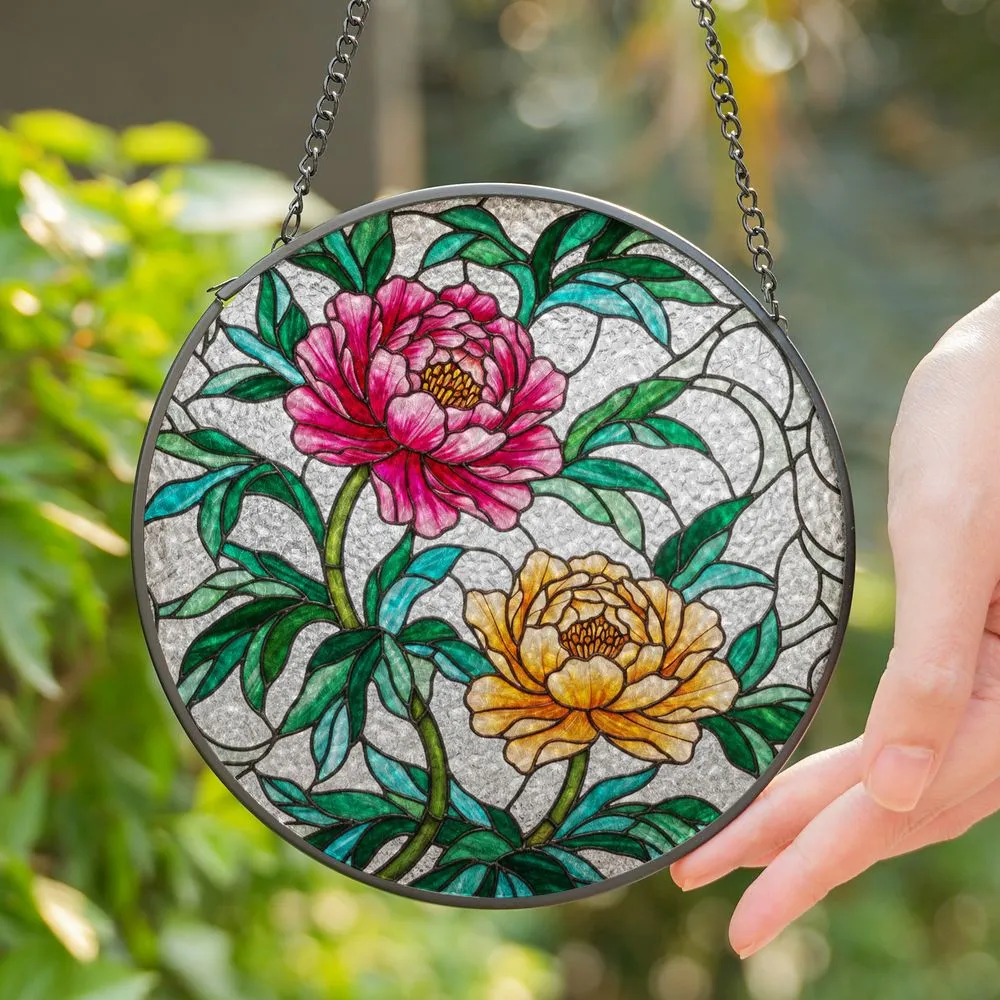 Pink Peach Peony Flowers Stained Glass Mosaic Art - Tiffany Jewel Tone Window Decor Stained Glass Suncatcher - 1