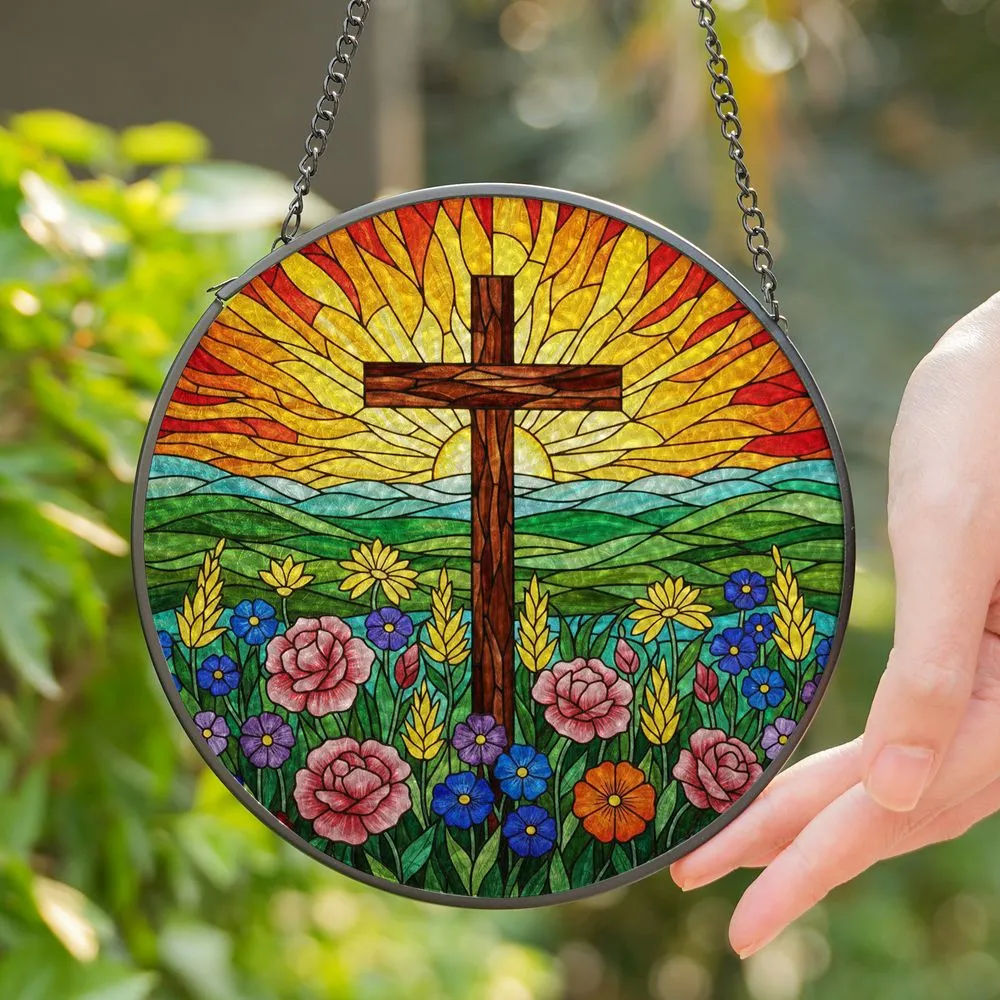 Highly Detailed Tiffany Style Stained Glass Wooden Cross Wildflower Hills Sunrise Sunset Jewel Tones Stained Glass Suncatcher - 1