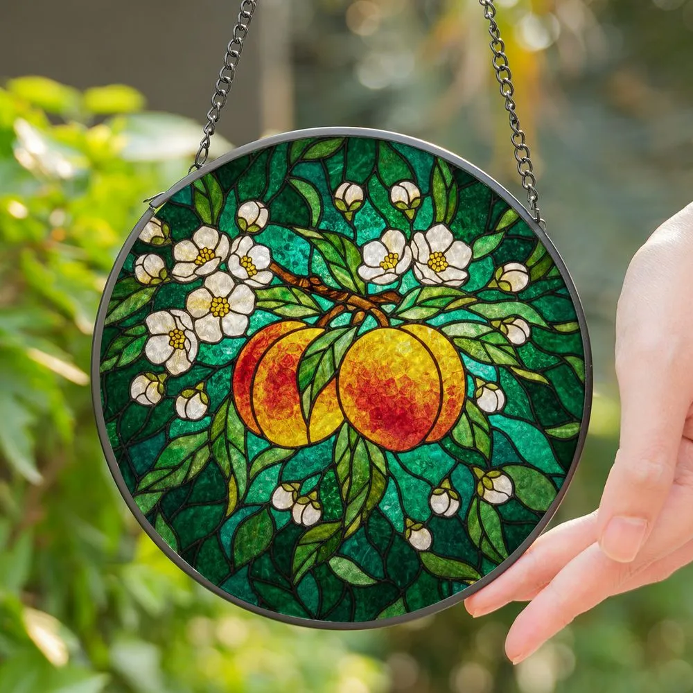 Stained Glass Peaches Orange Yellow Red Cream Flowers Emerald Teal Green Foliage Stained Glass Suncatcher - 1