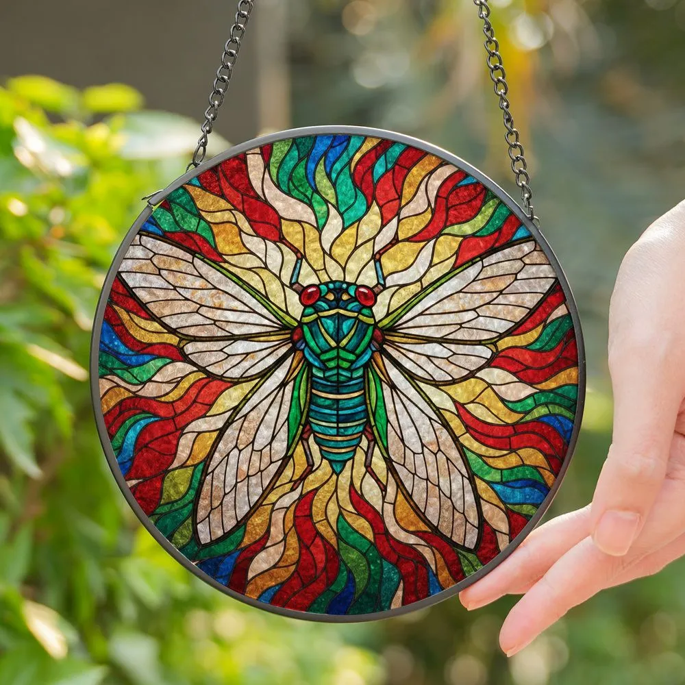 Cicada Stained Glass Tiffany Jewel Tones - Red Eyes Translucent Wings Organic Mosaic Patterns Stained Glass Suncatcher - 1