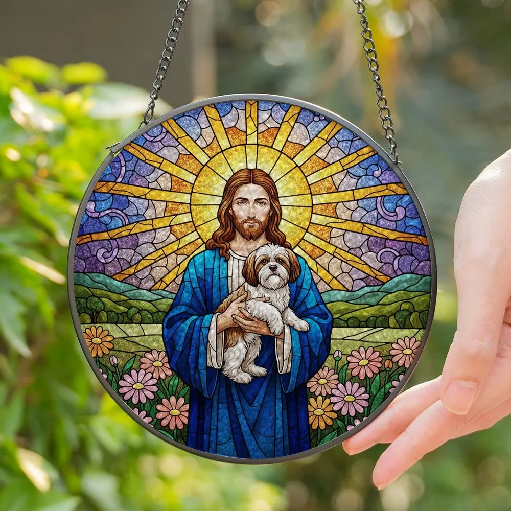 Jesus Christ Shih Tzu Dog Stained Glass Sunburst Flowers Translucent Jewel Tones Stained Glass Suncatcher - 1