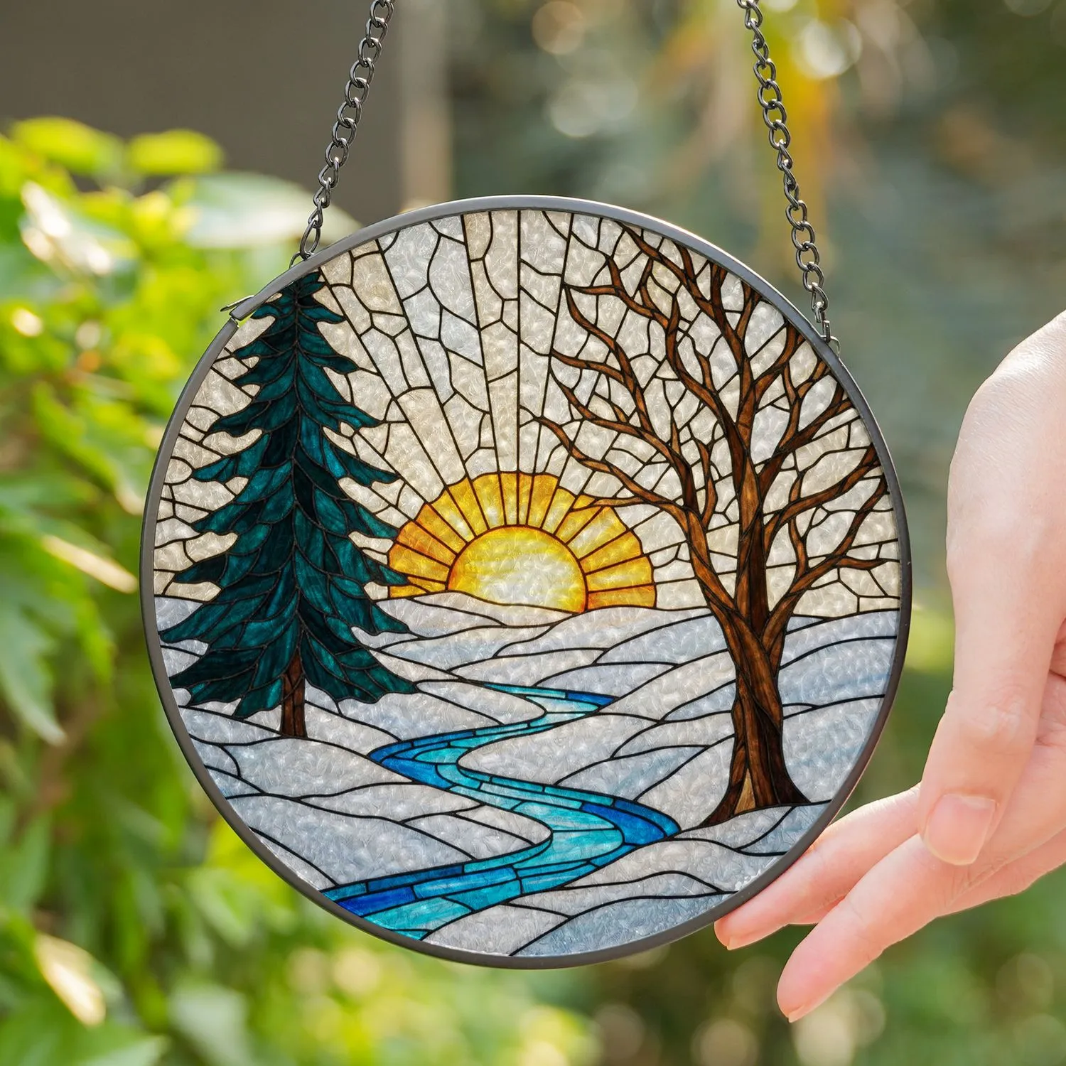 Tiffany Style Winter Sun Suncatcher - Evergreen & Deciduous Trees Snowy River Landscape Art Stained Glass Suncatcher - 1