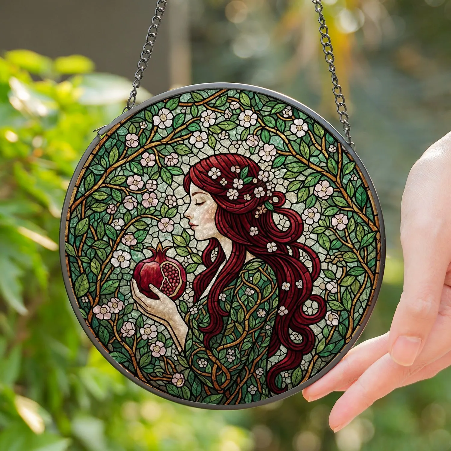 Tiffany Style Woman Pomegranate Stained Glass Floral Garden - Intricate Jewel Tone Art Stained Glass Suncatcher - 1