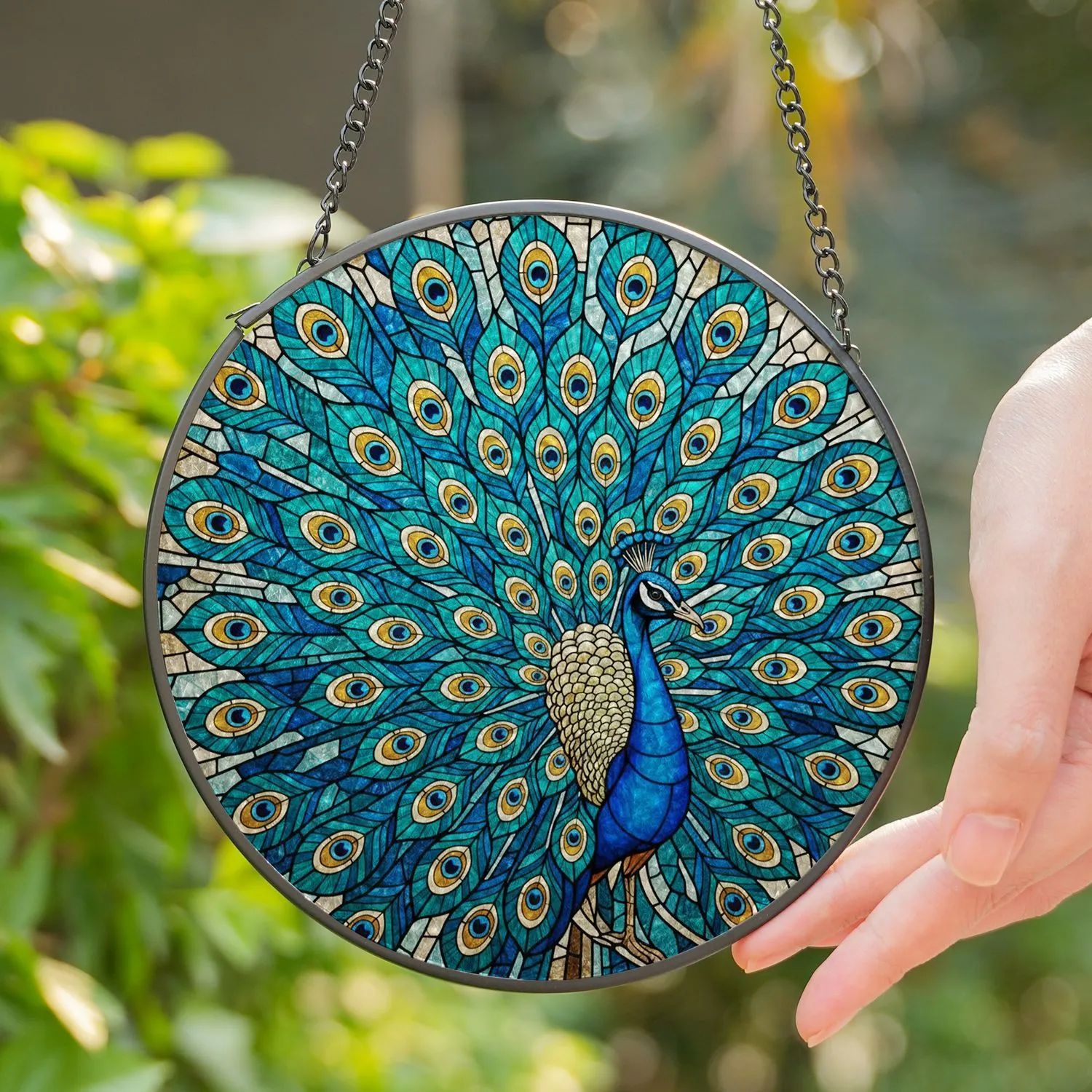 Majestic Peacock Stained Glass Art Tiffany Style Jewel Tones Iridescent Tail Feathers Stained Glass Suncatcher - 1