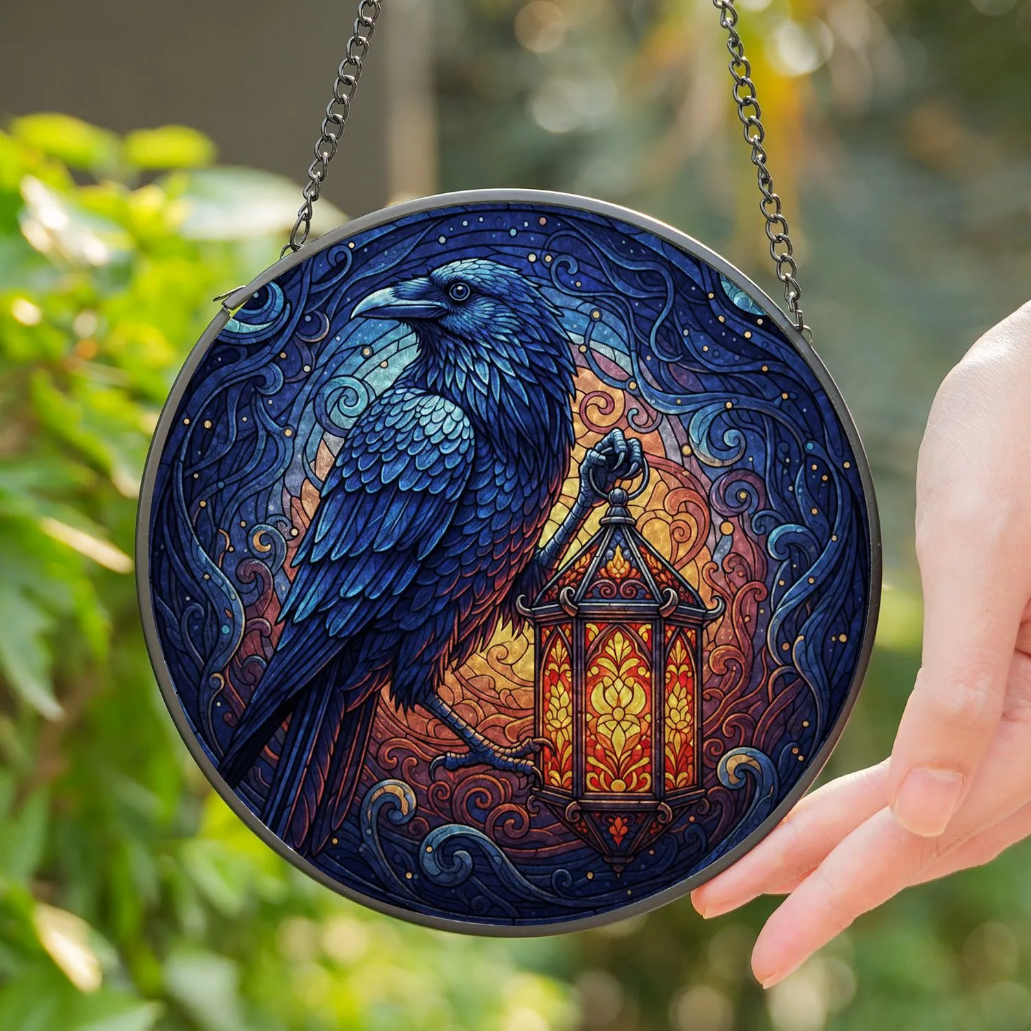 Stained Glass Raven Lantern - Intricate Gothic Celestial Mosaic Tiffany Inspired Art Stained Glass Suncatcher - 1