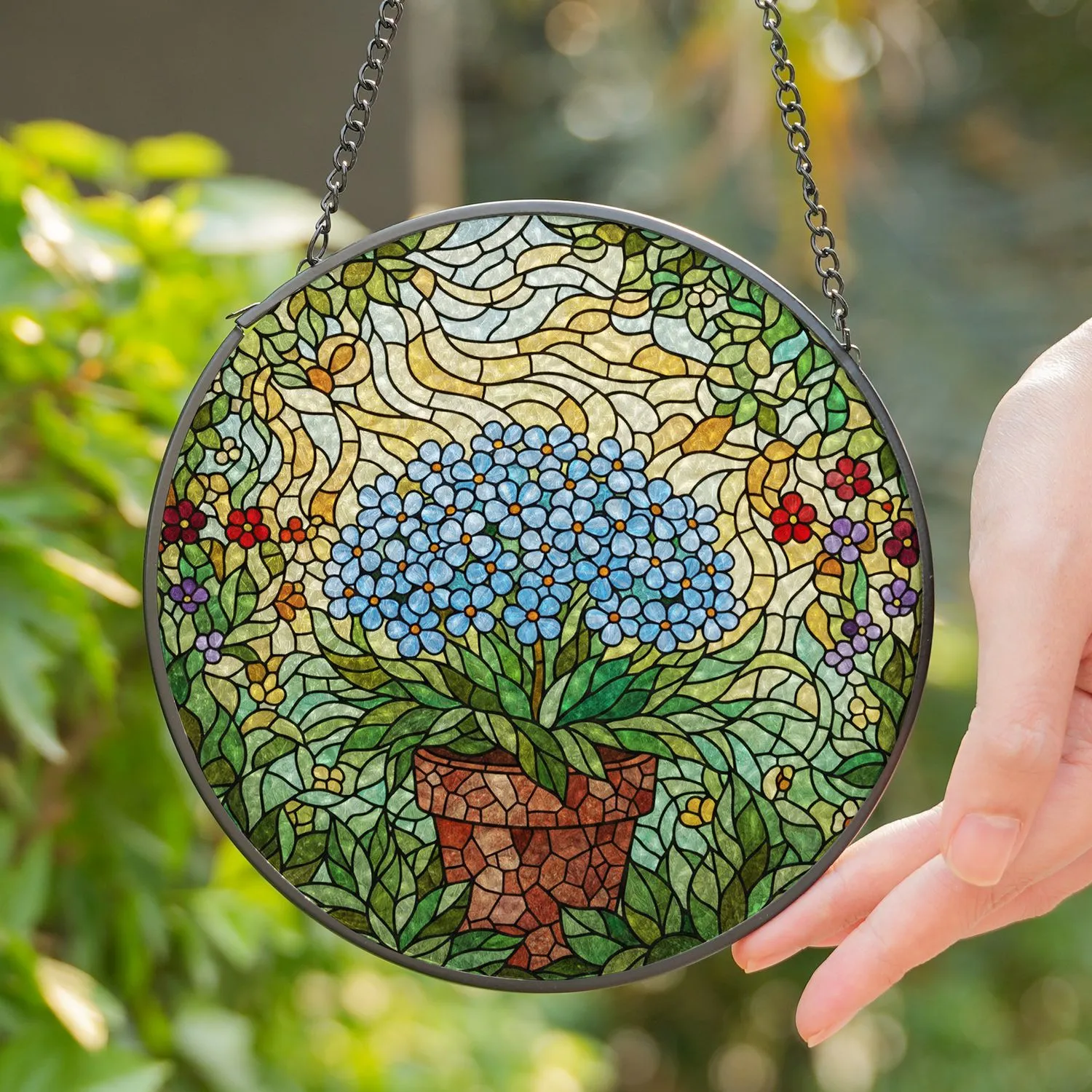 Tiffany Stained Glass Potted Plant - Blue Flowers, Orange Centers, Terracotta Pot Garden Art Stained Glass Suncatcher - 1