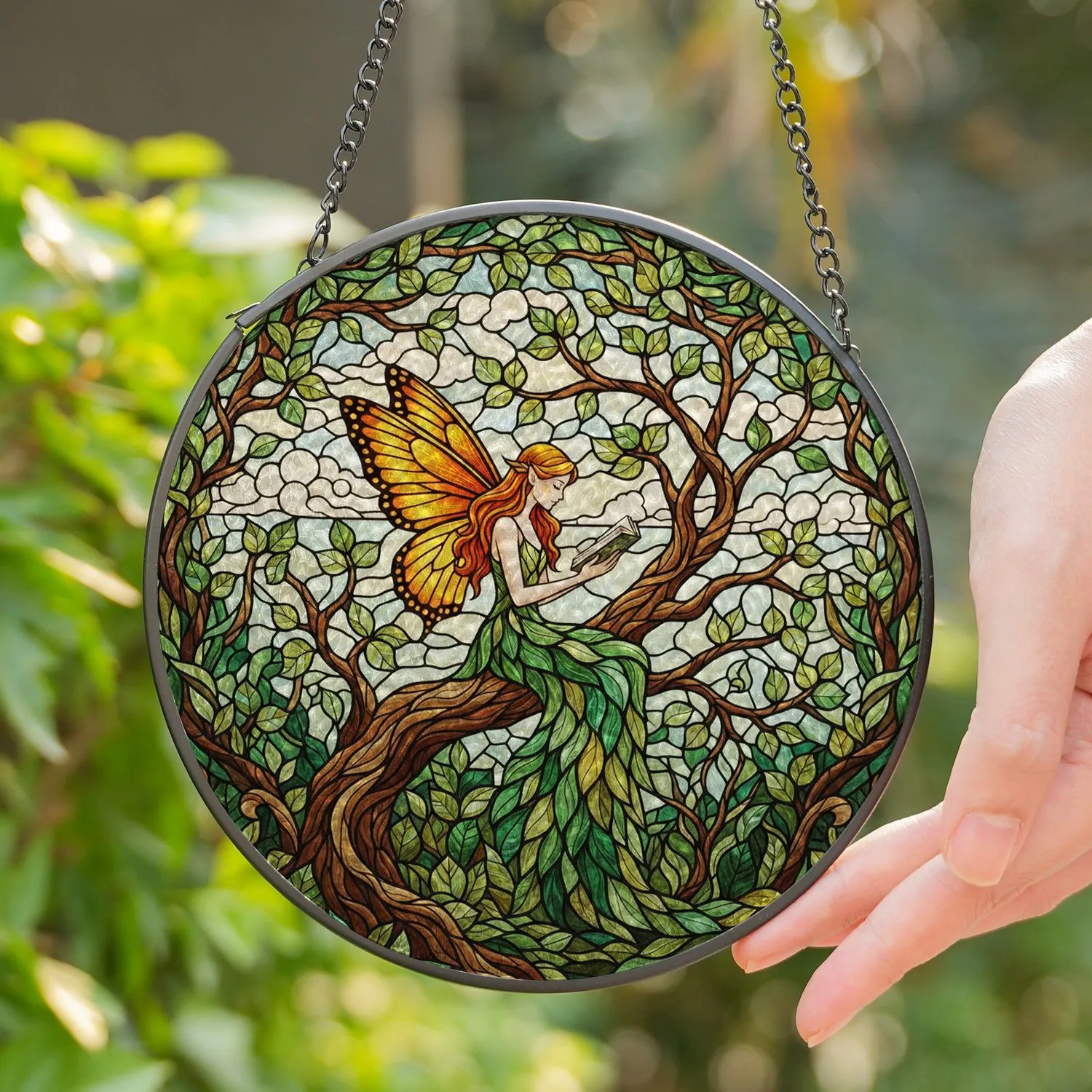 Stained Glass Fairy Reading Book on Tree Branch with Butterfly Wings - Tiffany Jewel Tones Stained Glass Suncatcher - 1
