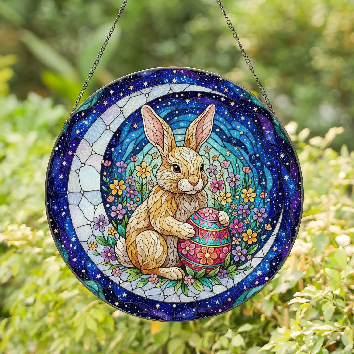 Fluffy Rabbit Easter Egg Crescent Moon Wildflowers - Celestial Night Sky Easter Gift Stained Glass Suncatcher - 1