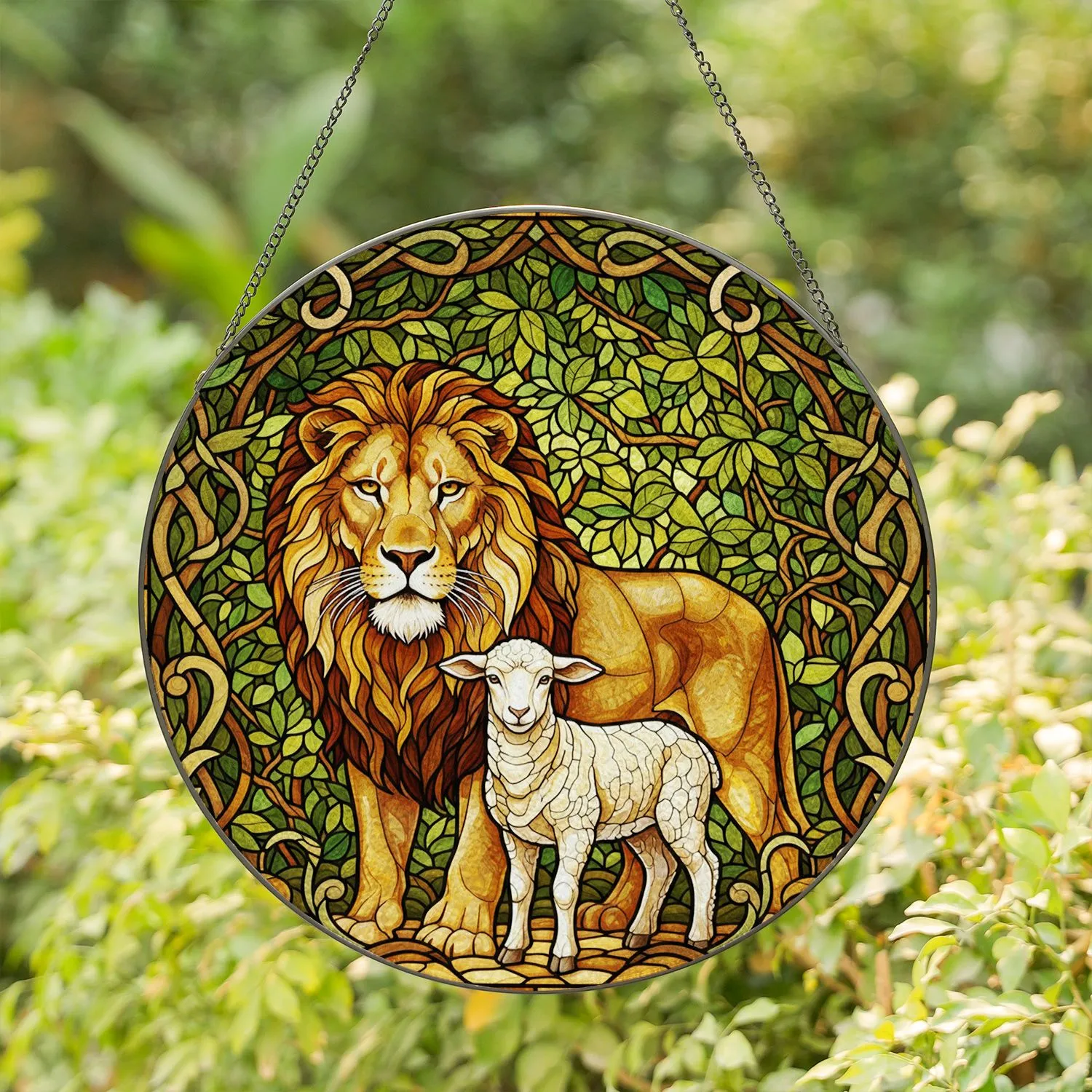 Majestic Lion Lamb Tiffany Stained Glass Forest Canopy - Peace Unity Home Decor Gift Stained Glass Suncatcher - 1