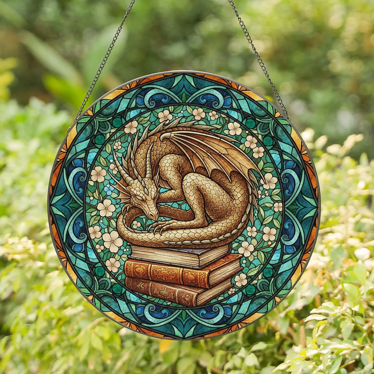 Majestic Sleeping Dragon Stained Glass Art - Tiffany Style Books, Floral, Celestial Mosaic Stained Glass Suncatcher - 1