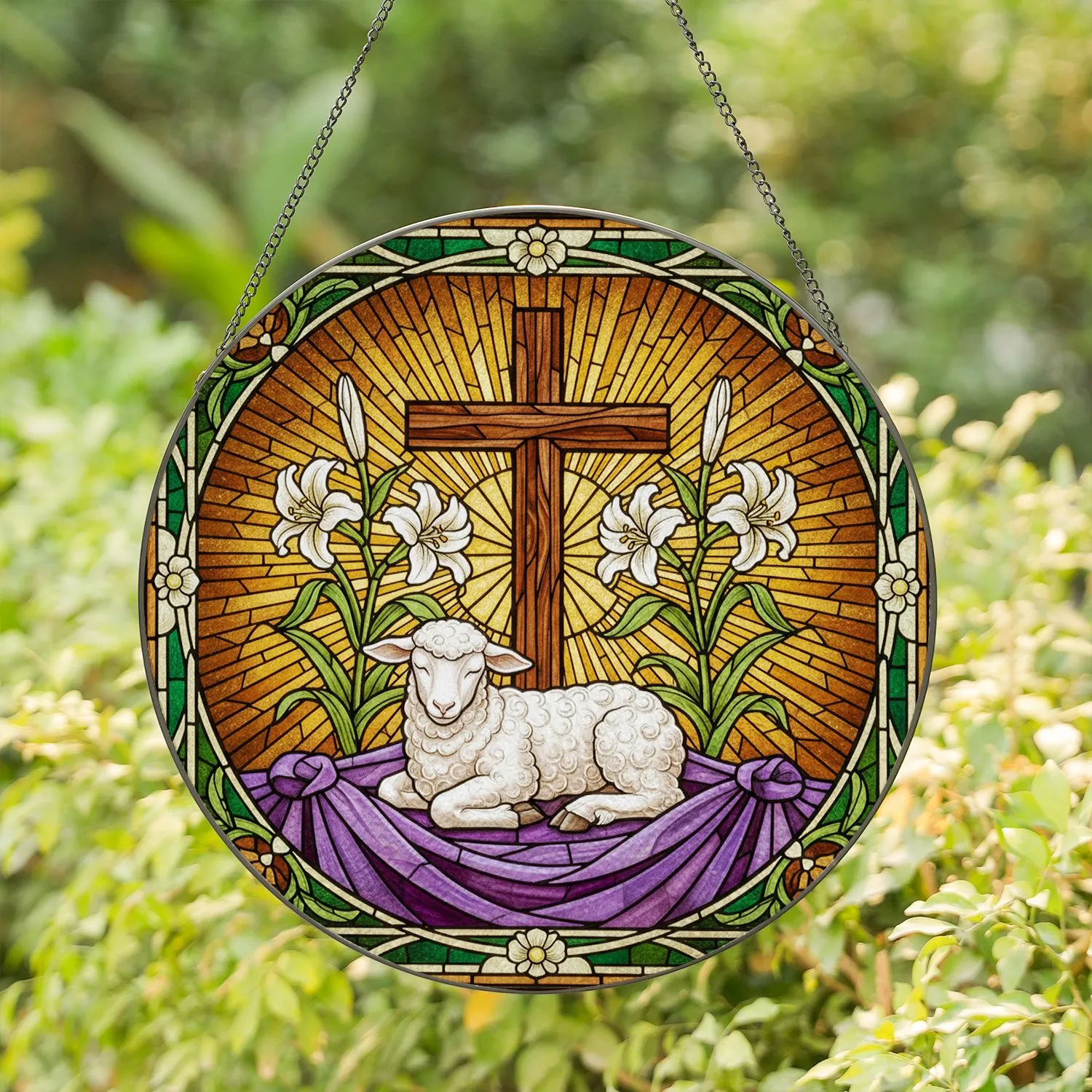 Fluffy White Lamb Cross Lilies Stained Glass - Sacred Faith Home Decor Gift Stained Glass Suncatcher - 1