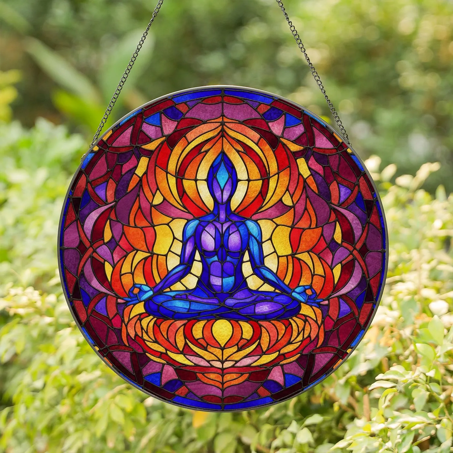 Highly Detailed Meditating Person Lotus Stained Glass Mosaic - Tiffany Style Jewel Tone Art Stained Glass Suncatcher - 1