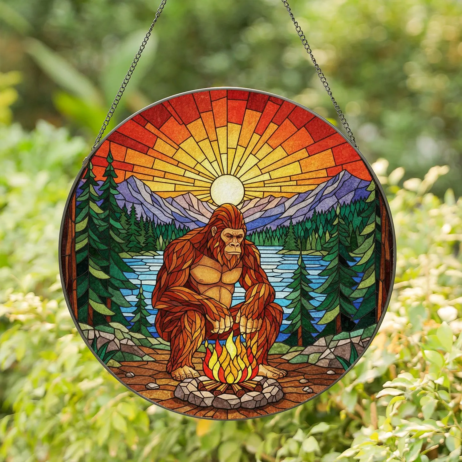Bigfoot Sasquatch Campfire Mountain Lake Sunset Forest Stained Glass Jewel Tones Stained Glass Suncatcher - 1