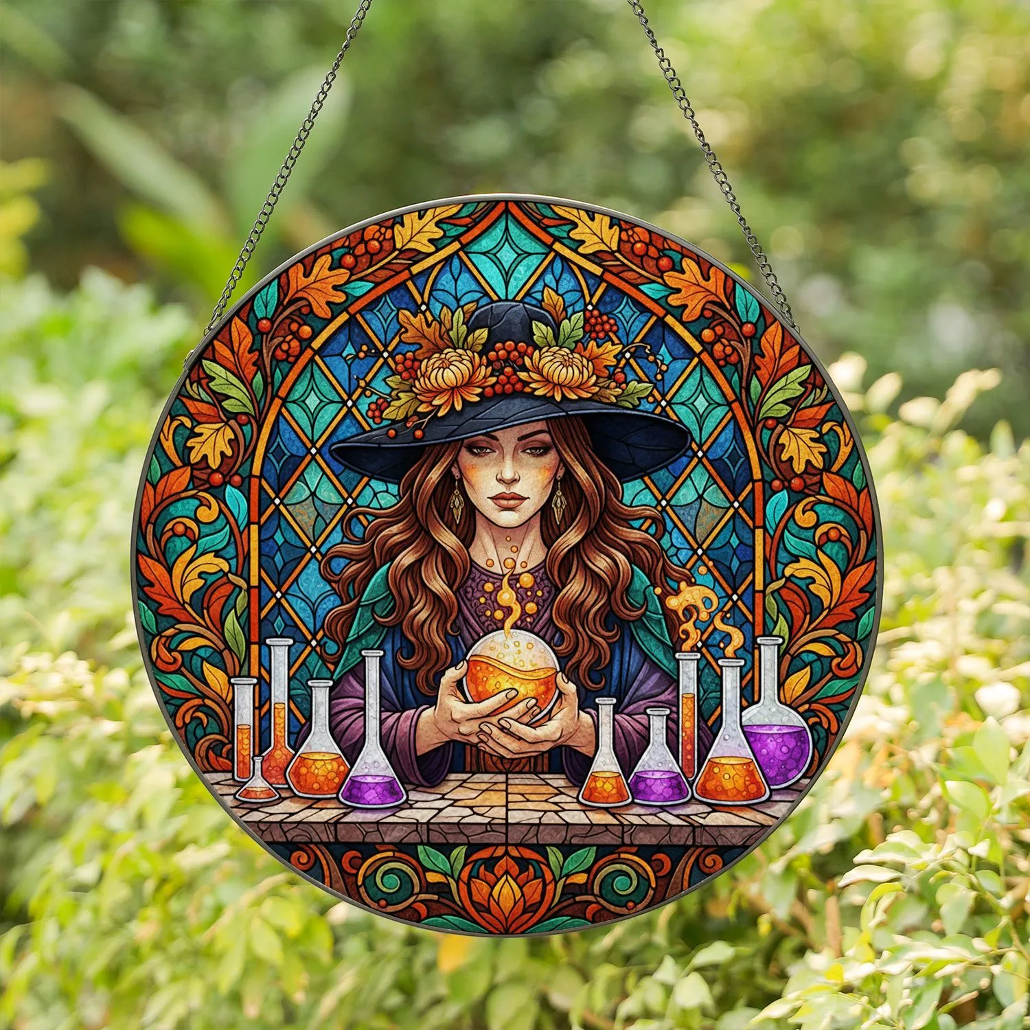 Mystical Witch Potion Stained Glass - Autumn Leaves Mosaic & Ornate Arched Window Art Stained Glass Suncatcher - 1