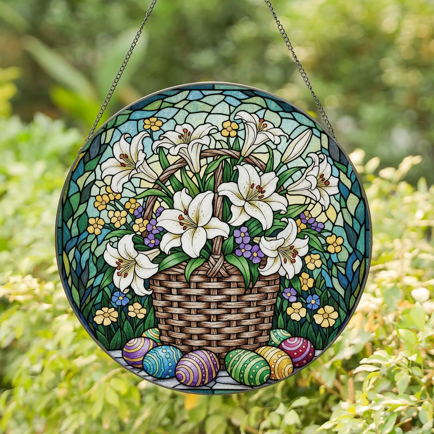 Easter Lily Basket Stained Glass Wildflowers Mosaic - Spring Garden Decor Gift Stained Glass Suncatcher - 1