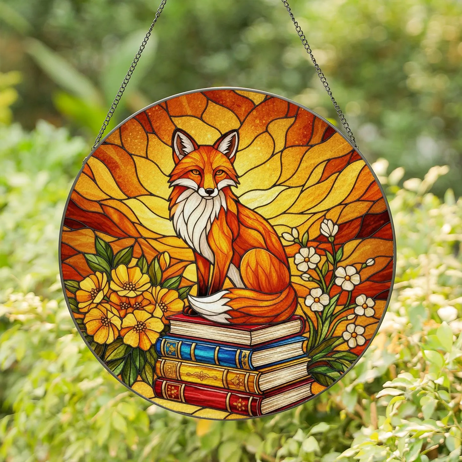 Tiffany Style Stained Glass Fox Books Autumn Flowers Jewel Tones Intricate Mosaic Stained Glass Suncatcher - 1