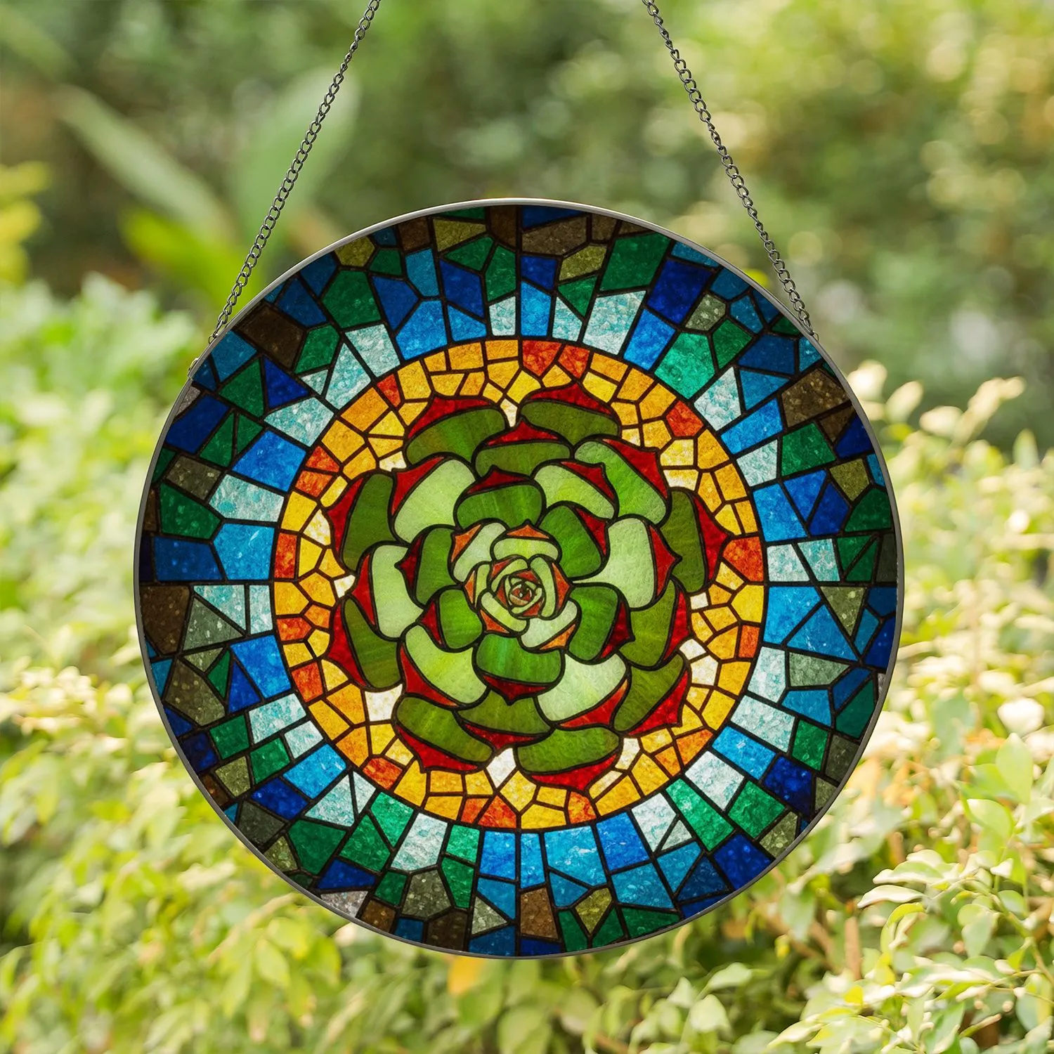 Intricate Succulent Rosette Stained Glass Mosaic – Tiffany Style Home Decor Gift Stained Glass Suncatcher - 1