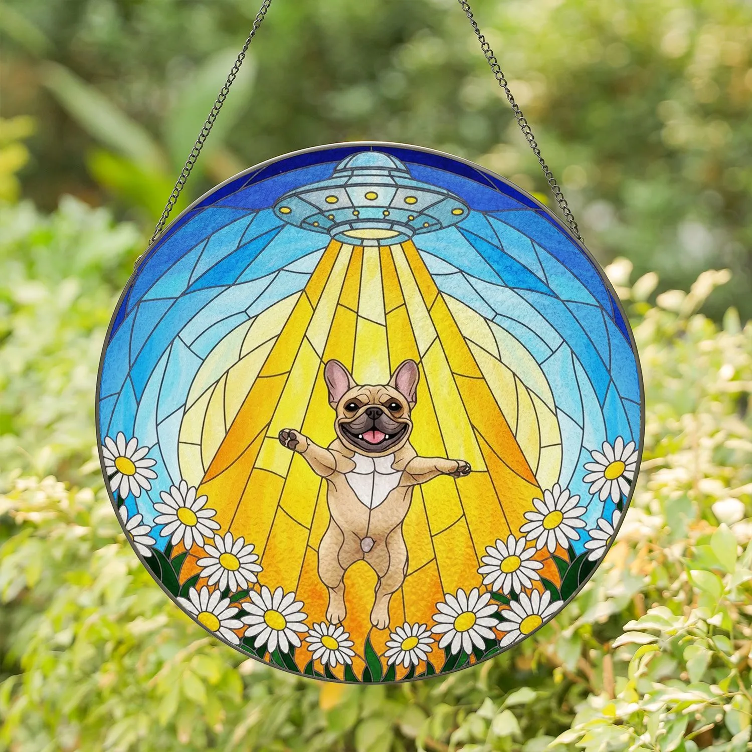French Bulldog Floating UFO Stained Glass Suncatcher - Daisies & Radiant Beam Art - 1