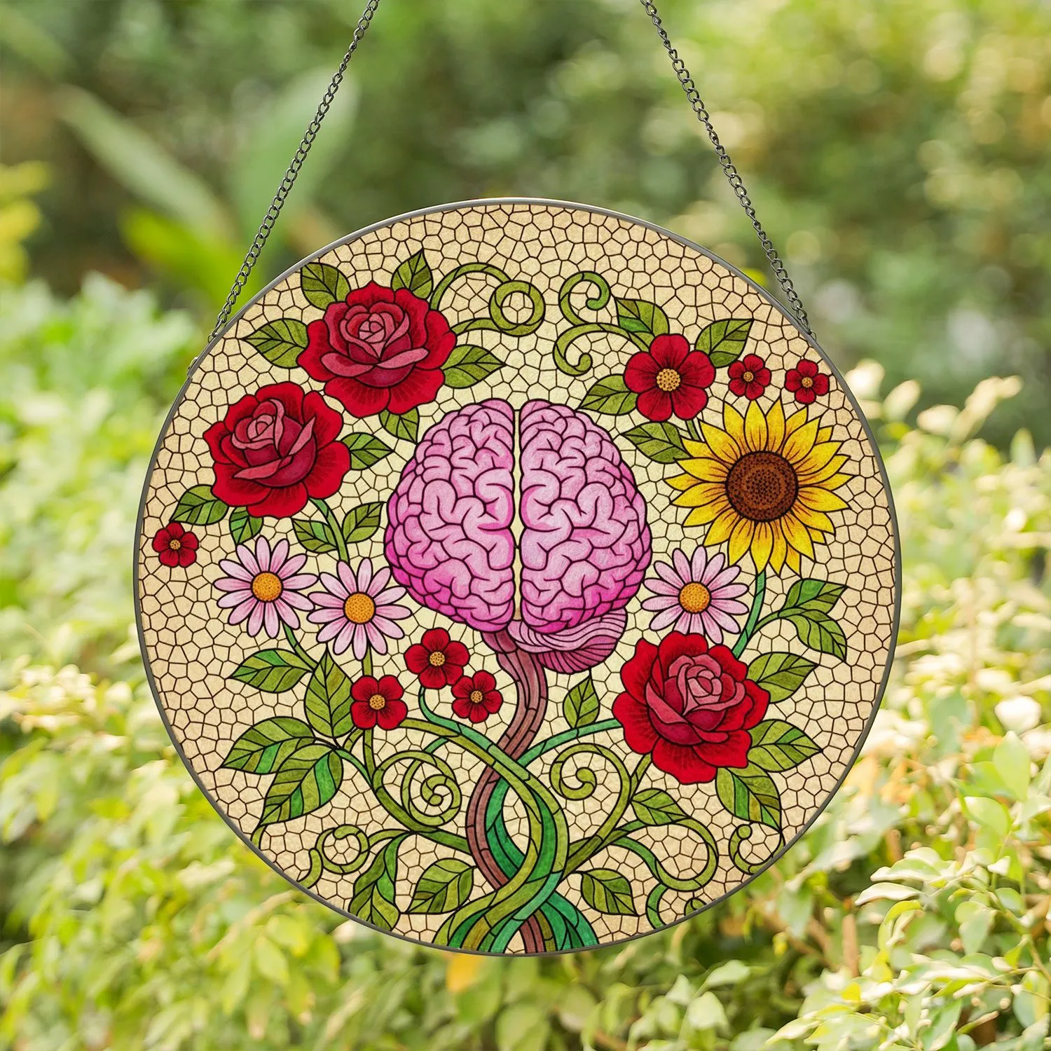 Intricate Human Brain Stained Glass Flowers - Tiffany Style Jewel Tone Pink Purple Floral Stained Glass Suncatcher - 1
