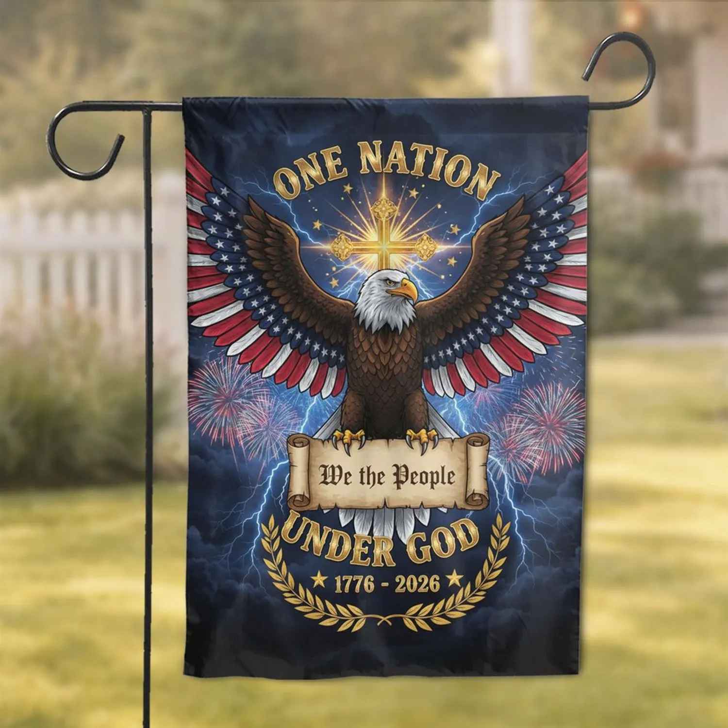 Bald Eagle American Flag Cross, We The People Under God 1776-2026 - USA 250th Anniversary Garden Flag - 1