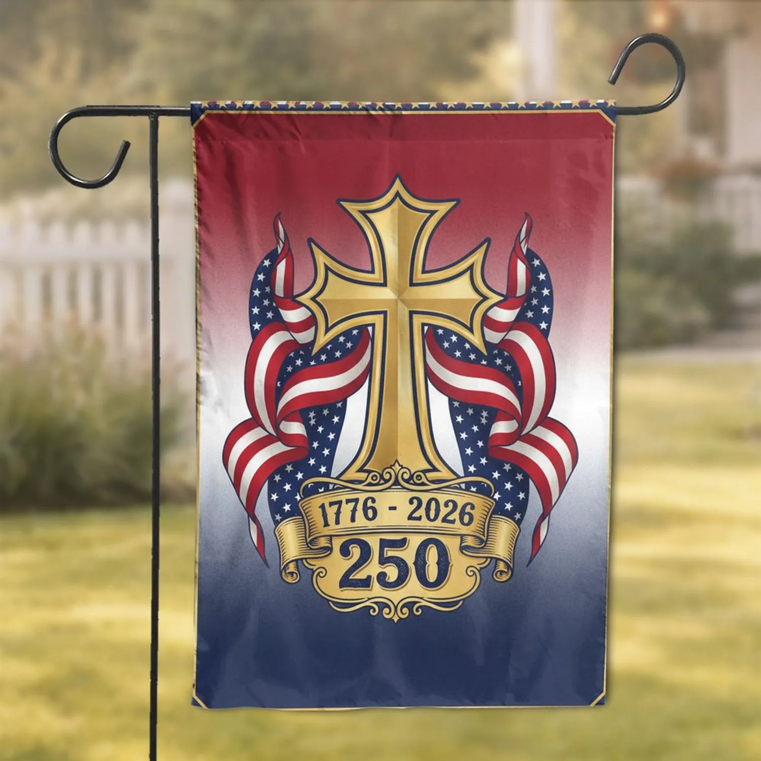Jerusalem Cross Gold 1776-2026 USA 250th Anniversary Patriotic Americana Scroll Gold Stars Garden Flag - 1
