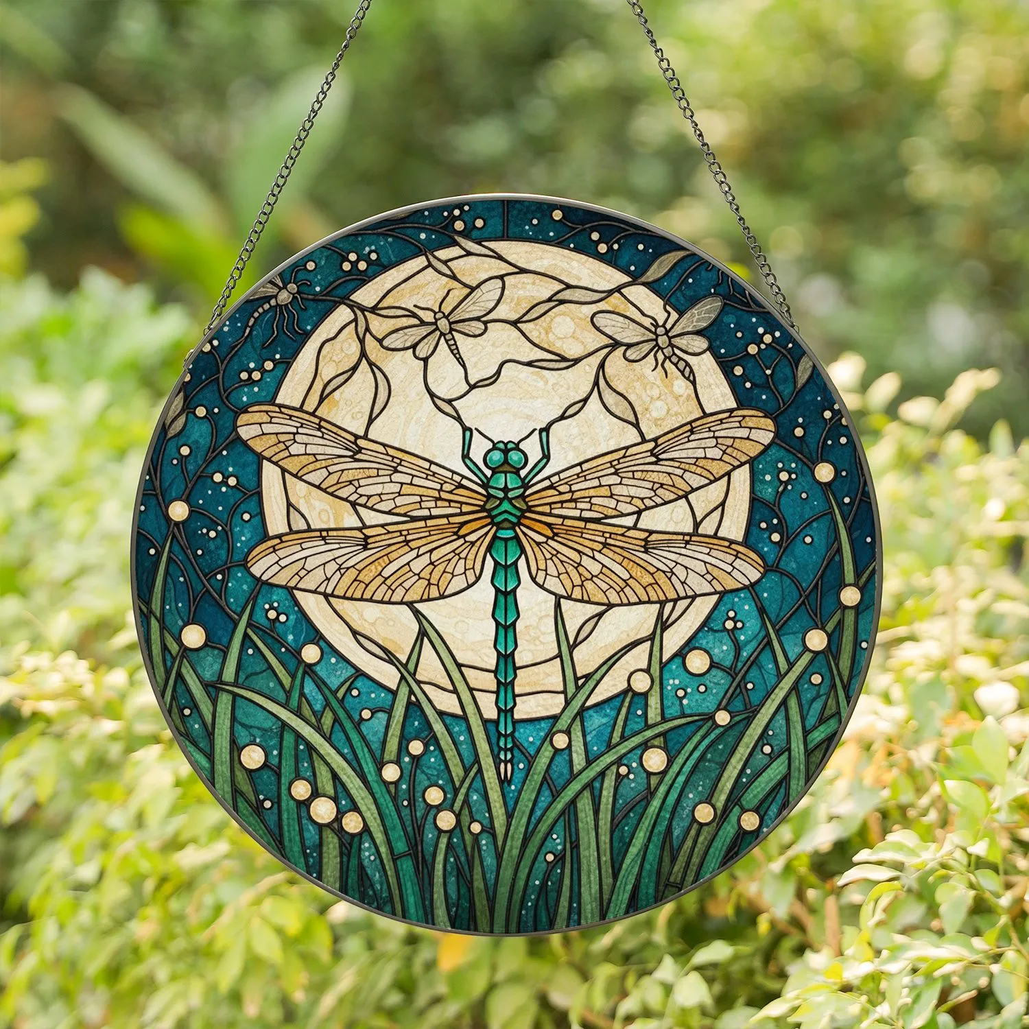 Majestic Dragonfly Tiffany Stained Glass Art - Full Moon Night Sky Nature Jewel Tones Stained Glass Suncatcher - 1