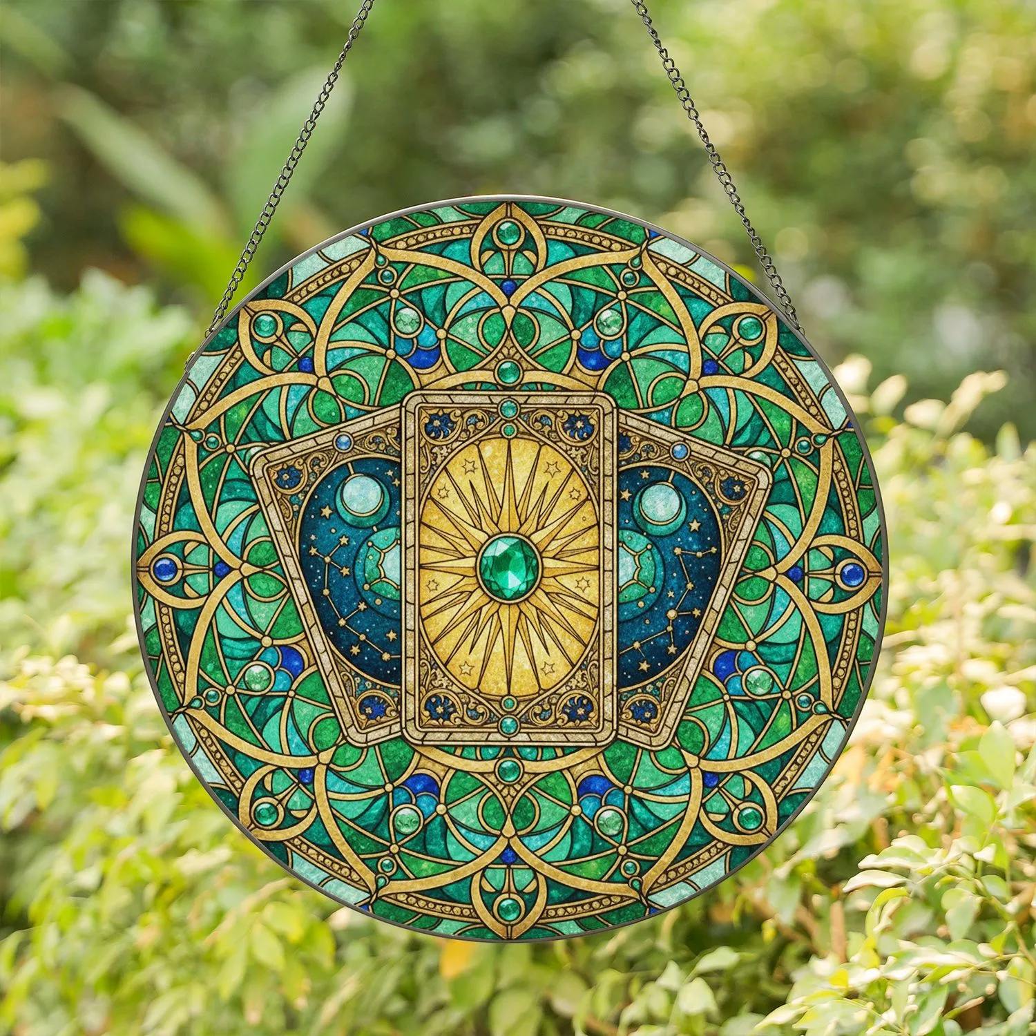 Stained Glass Tarot Cards Sun Moon & Emerald Gem - Ornate Filigree Mosaic Art Design Stained Glass Suncatcher - 1