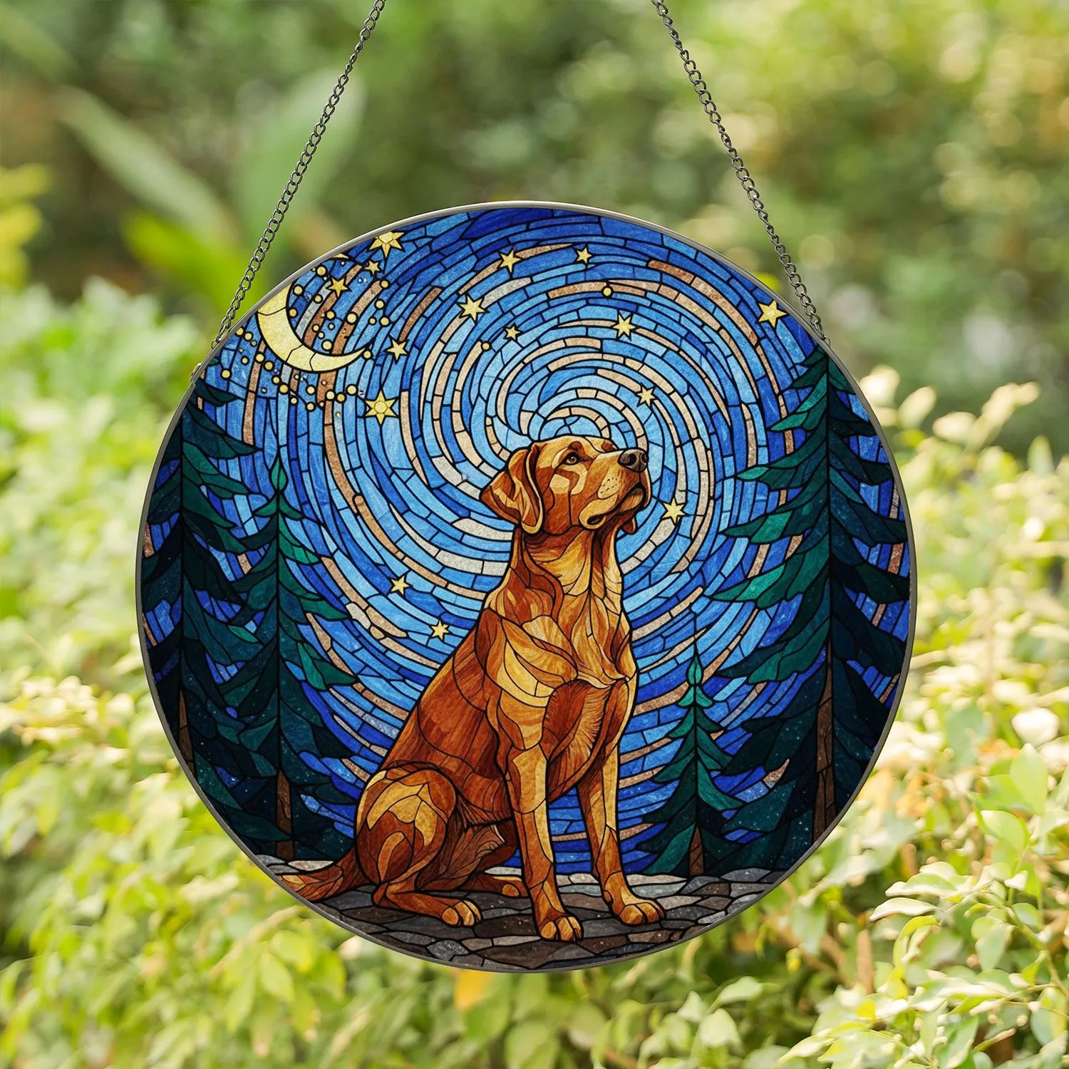 Tiffany Mosaic Stained Glass Labrador Dog Crescent Moon Pine Trees Starry Night Sky Stained Glass Suncatcher - 1