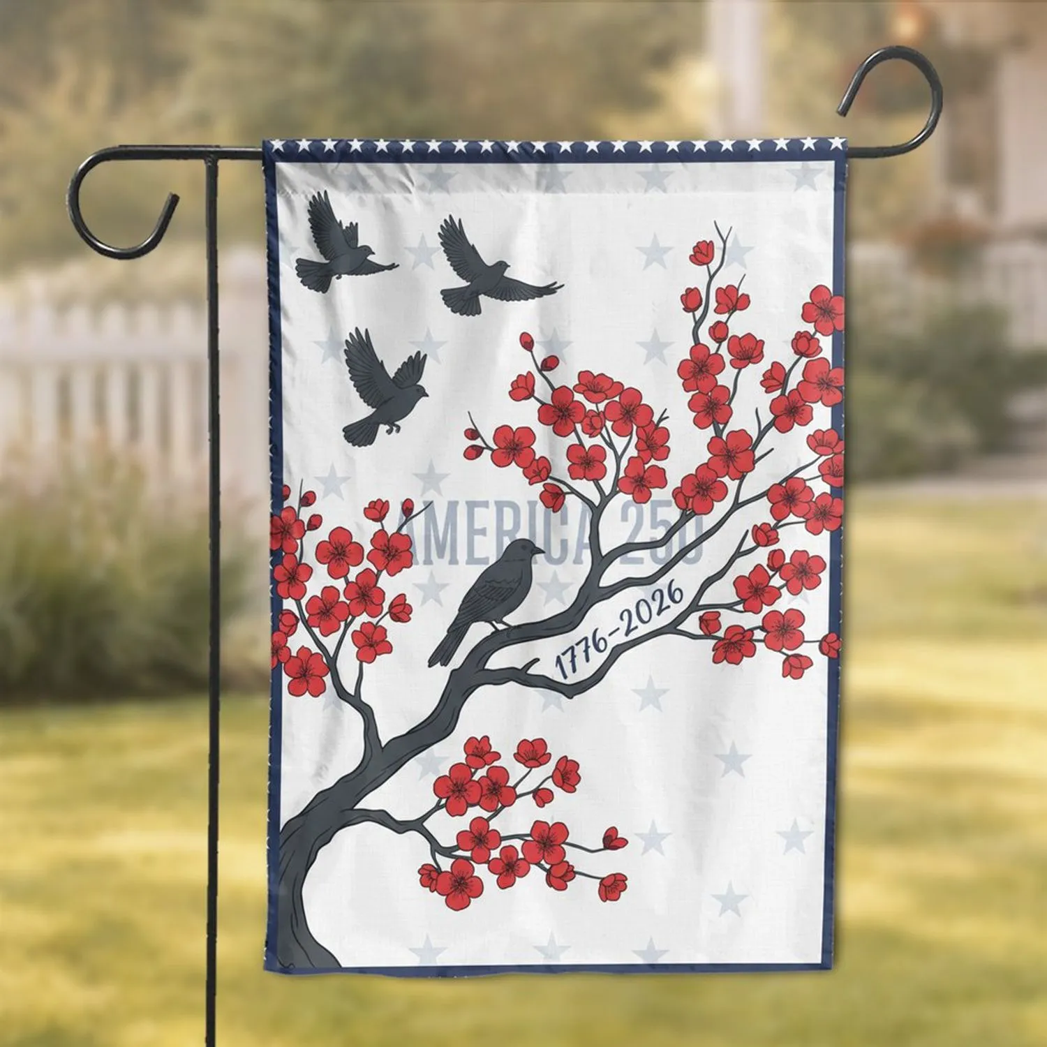 Crimson Blossom Tree & Birds - USA 250th Anniversary 1776-2026 Freedom Celebration Garden Flag - 1
