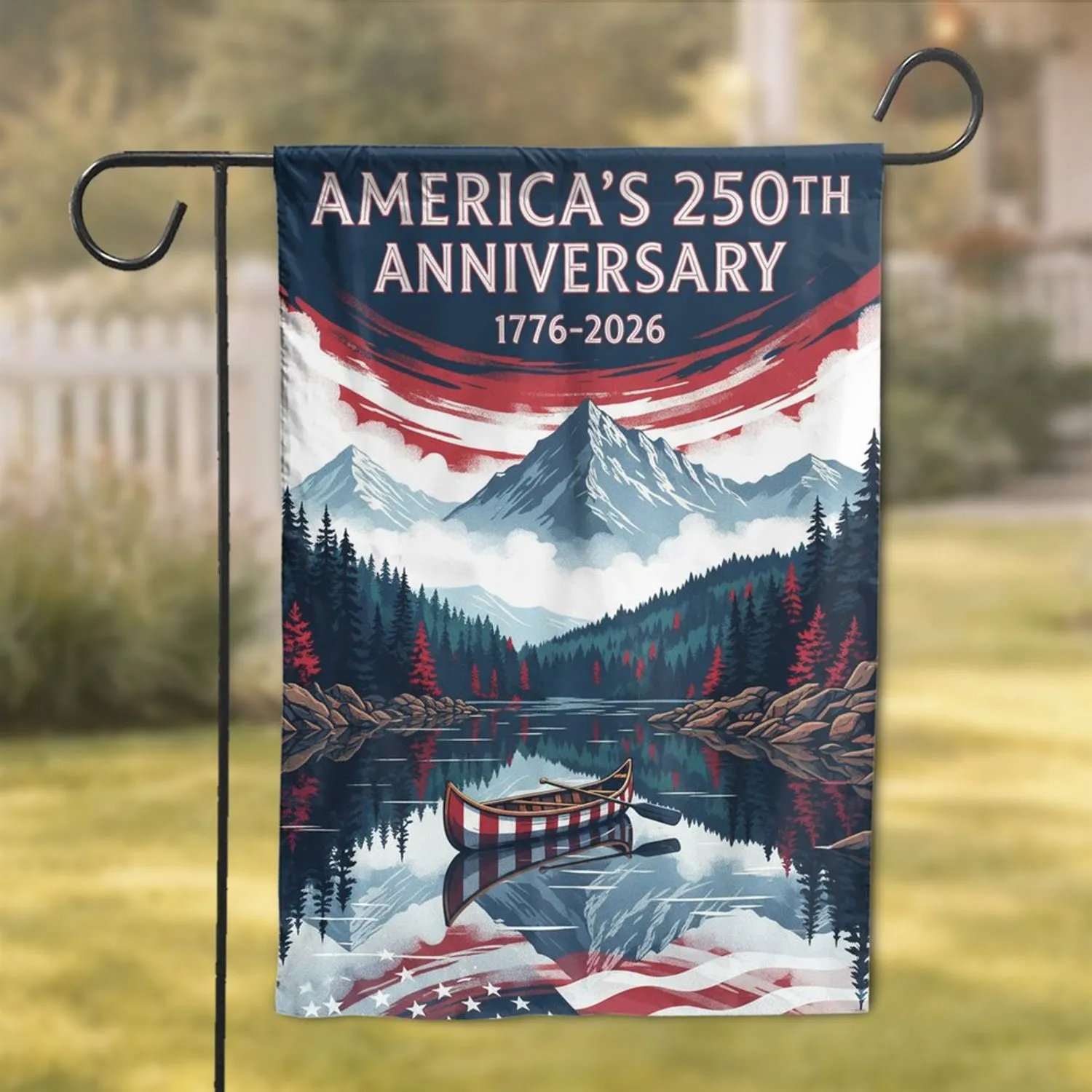 Bold Mountain Lake Canoe Patriotic - USA 250th Anniversary 1776-2026 Heritage Garden Flag - 1