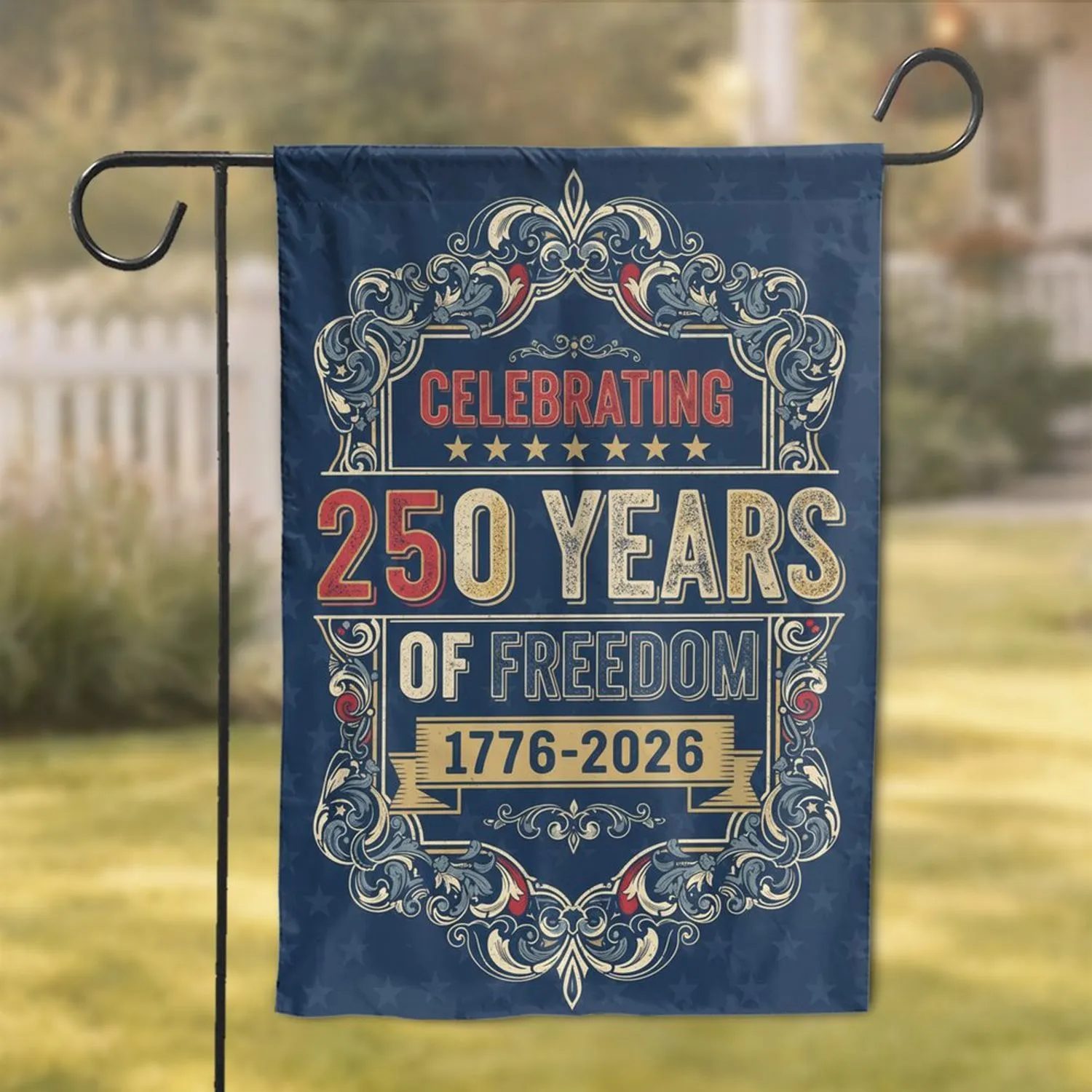 Distressed Americana 250 Years Freedom 1776-2026 - USA Anniversary Scrollwork Garden Flag - 1