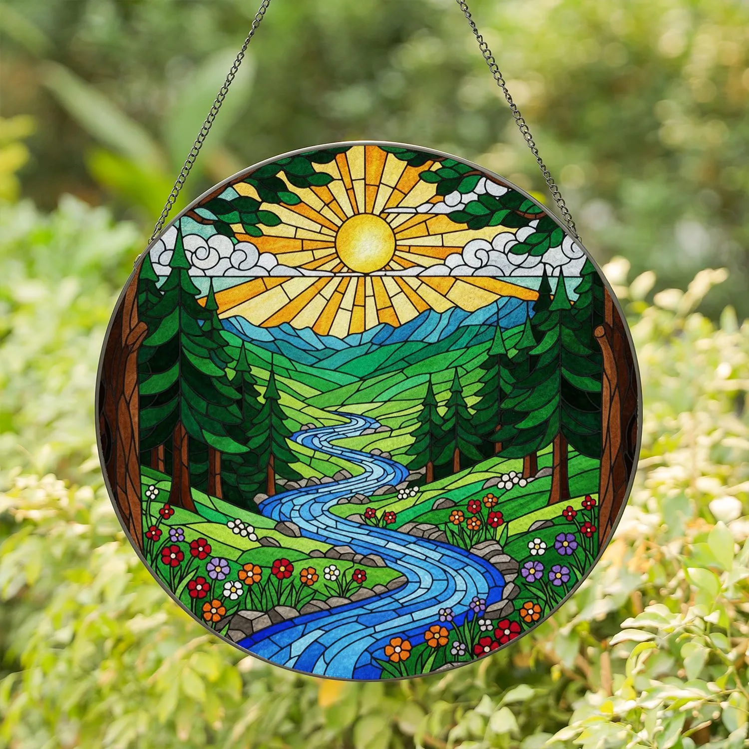 Blue River Valley Tiffany Stained Glass - Pine Forest Wildflower Mountain Sun Art Stained Glass Suncatcher - 1
