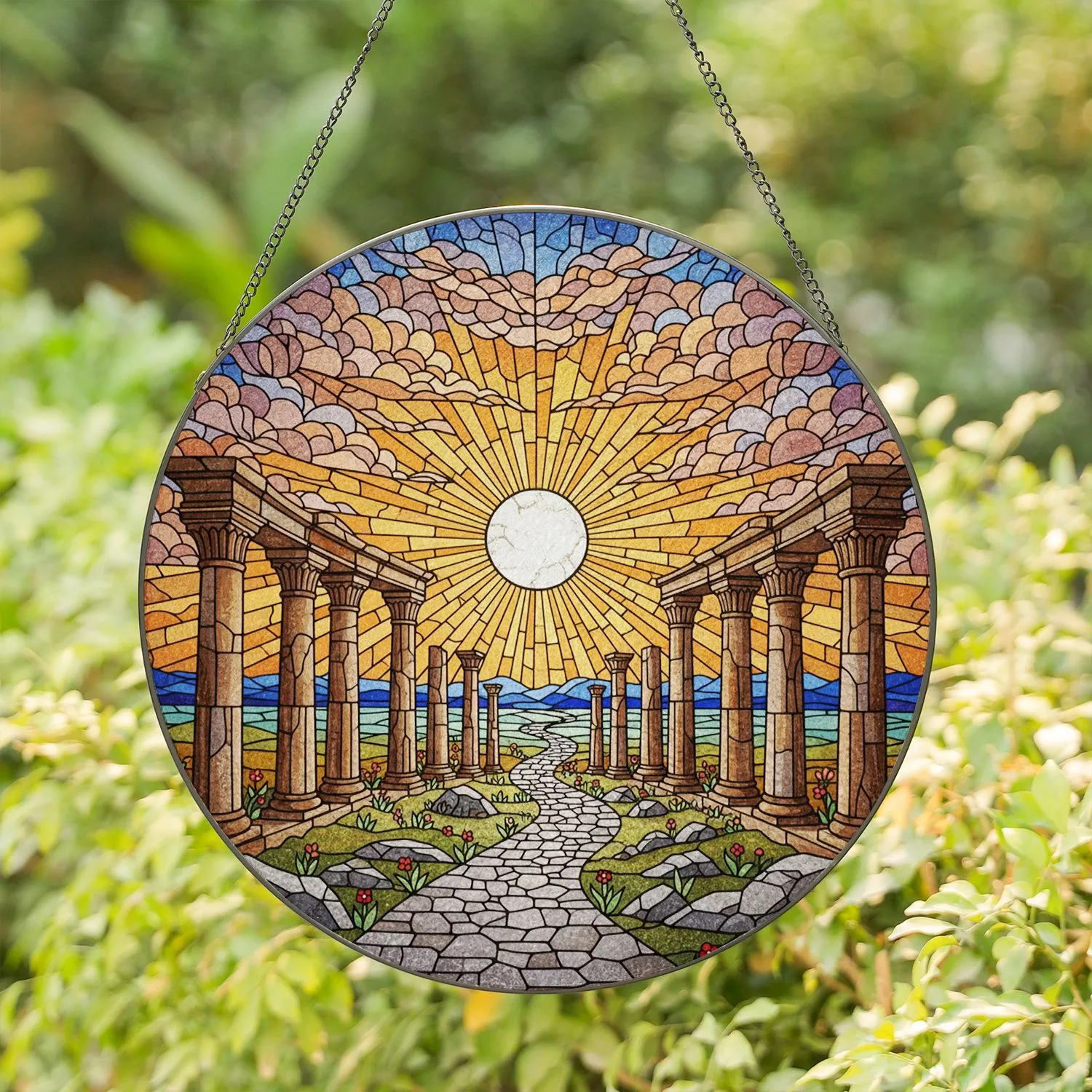 White Sun Golden Rays Cobblestone Path Classical Columns Stained Glass Mosaic Sky Art Stained Glass Suncatcher - 1