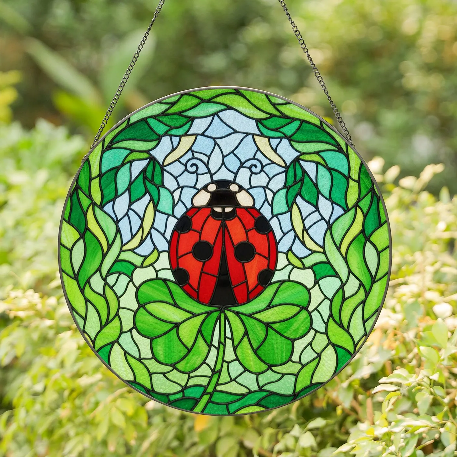 Ladybug Shamrock Stained Glass Mosaic Art - Intricate Jewel Tones with Foliage Sky Background Stained Glass Suncatcher - 1