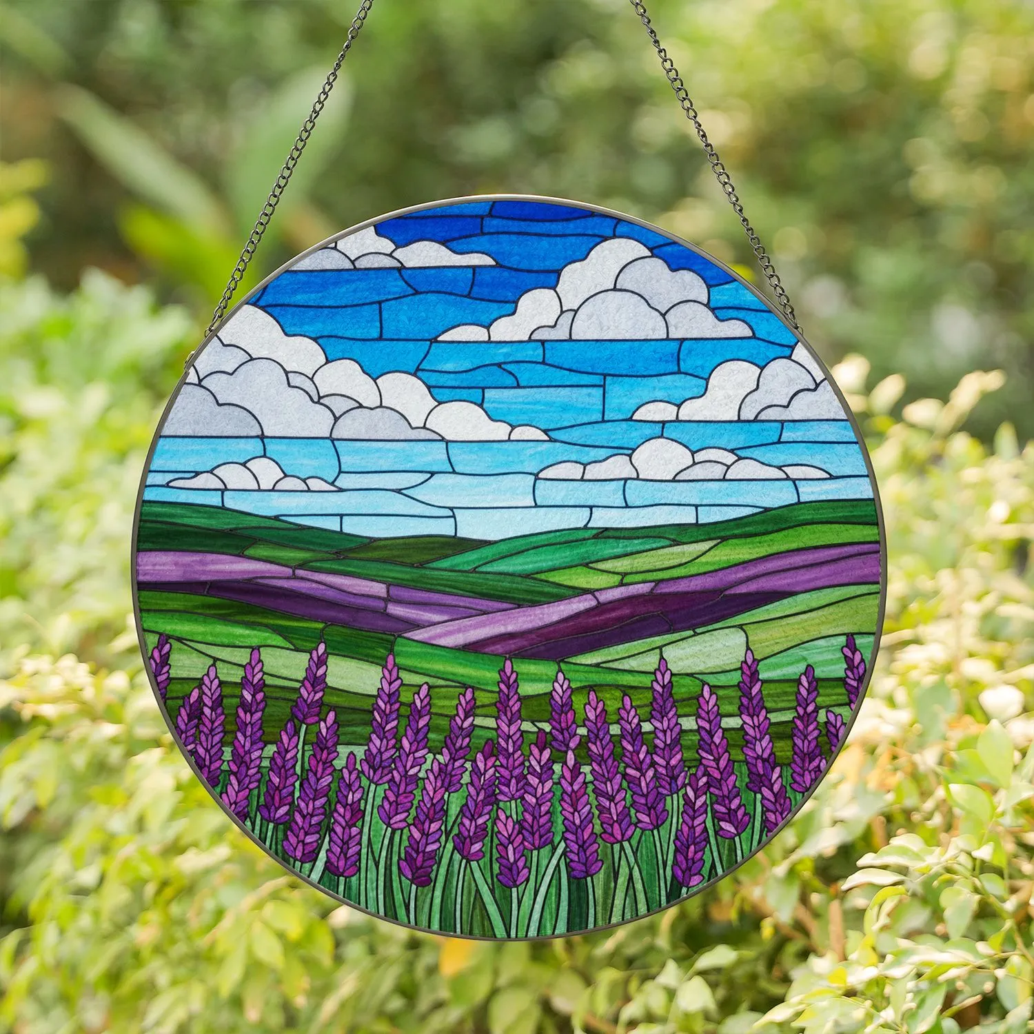 Lavender Flower Field Rolling Hills Blue Sky Clouds Colorful Tiffany Stained Glass Stained Glass Suncatcher - 1