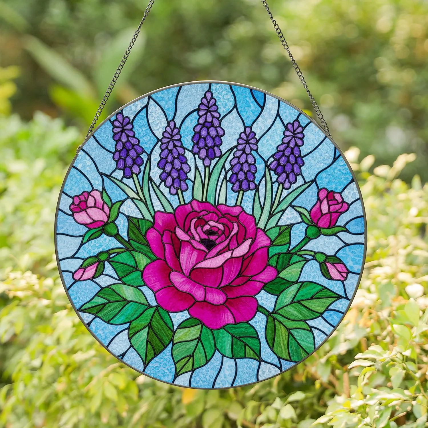 Magenta Rose Pink Rosebuds Purple Flowers Blue Mosaic - Tiffany Style Stained Glass Floral Art Stained Glass Suncatcher - 1