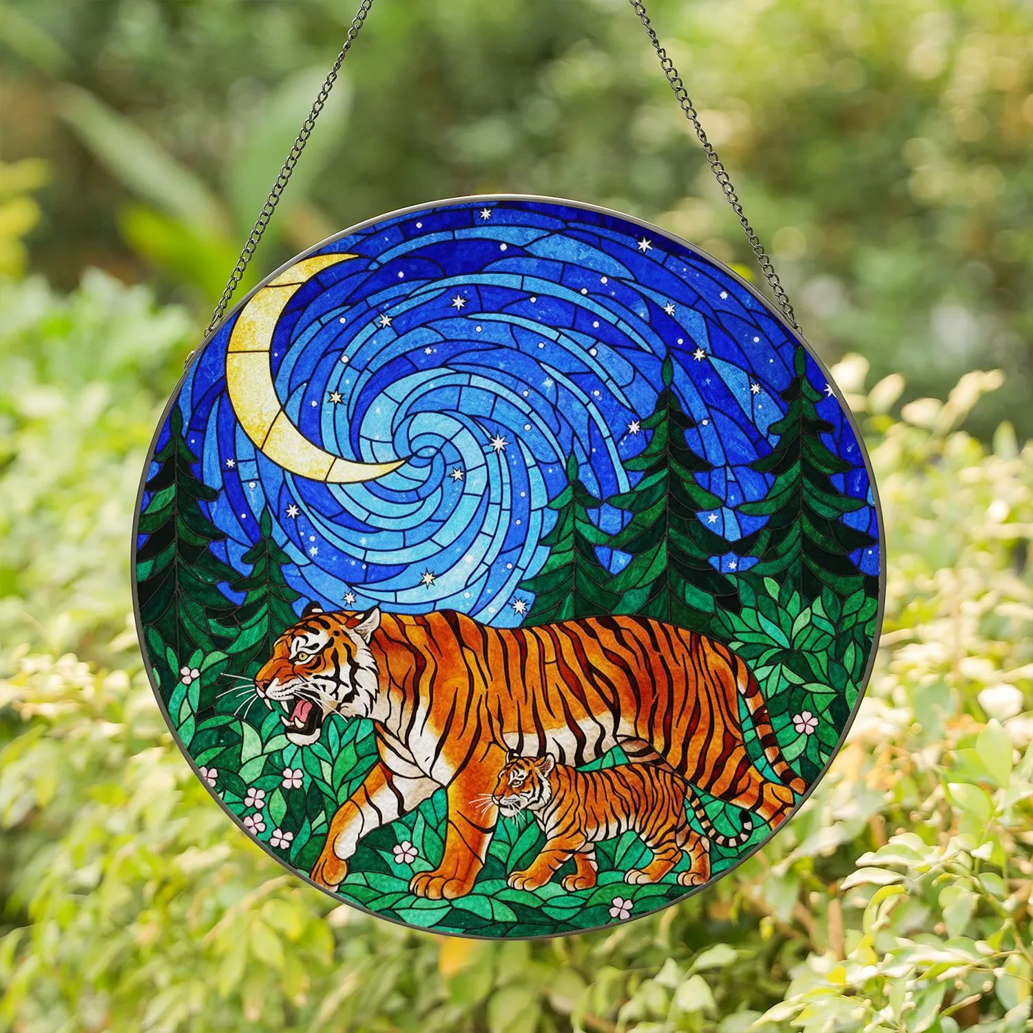 Majestic Tiger & Cub Stained Glass Night Sky - Golden Moon Stars Forest Foliage Art Stained Glass Suncatcher - 1