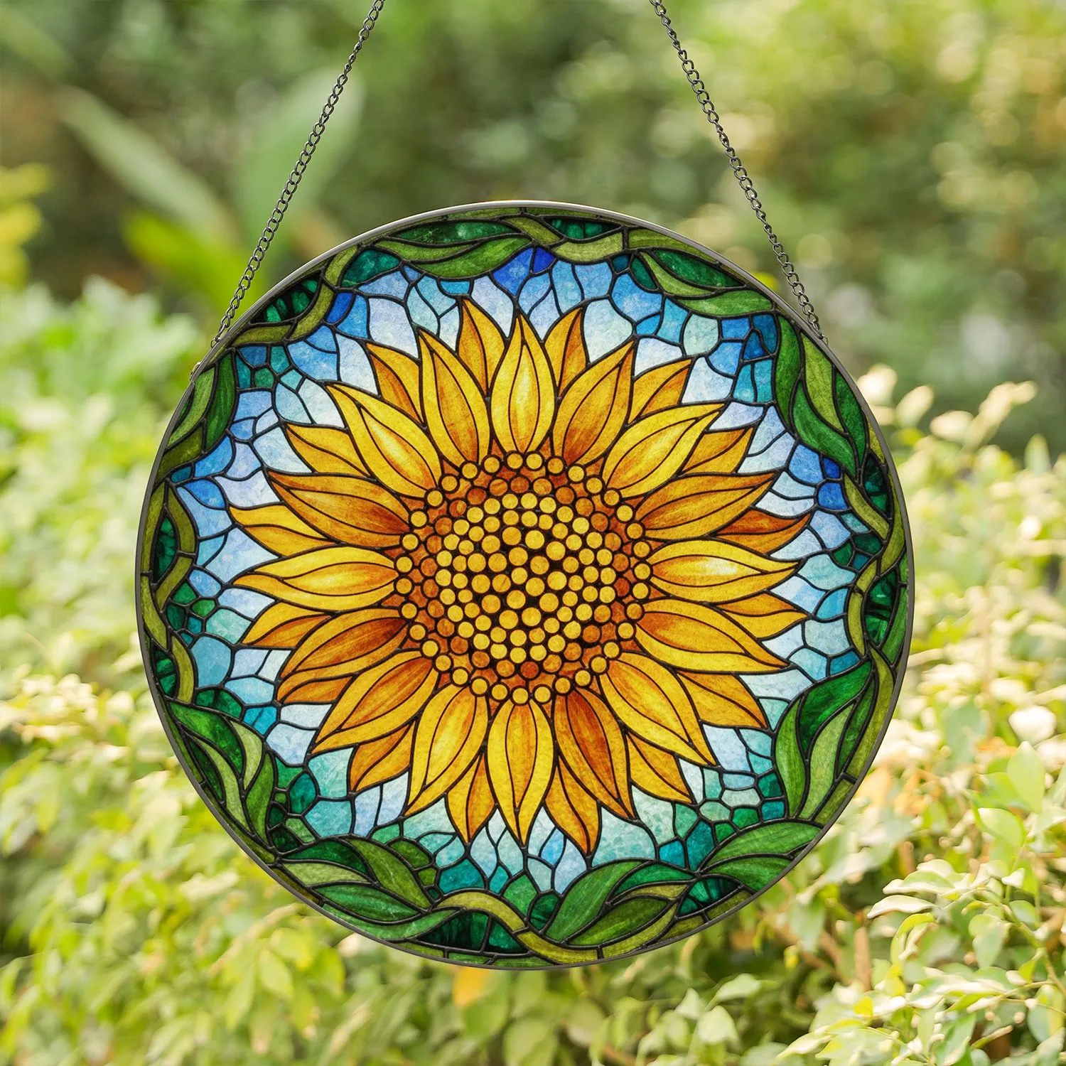Radiant Sunflower Stained Glass Mosaic with Textured Petals, Sky & Foliage Background Stained Glass Suncatcher - 1
