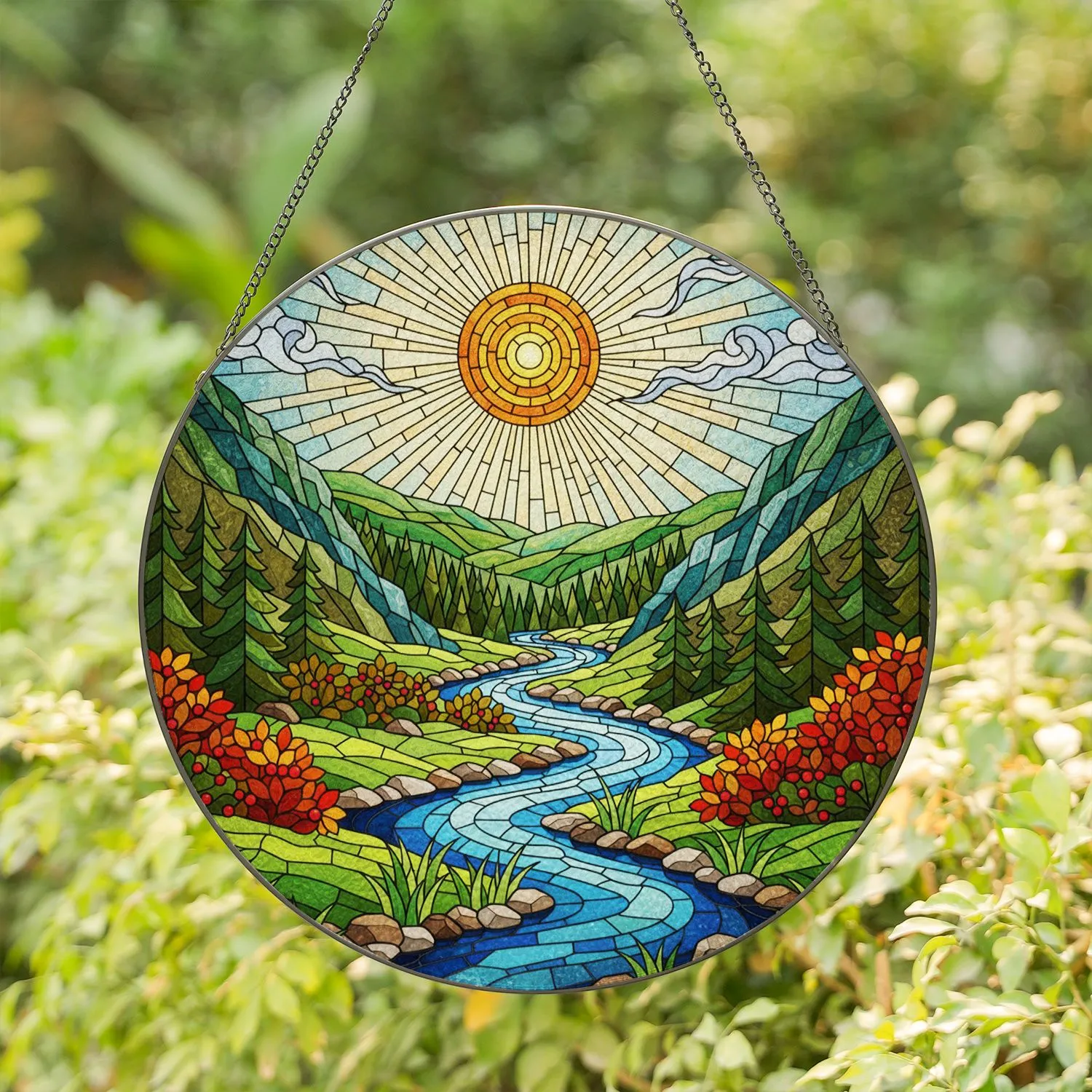 Detailed Winding River Mountain Valley Pine Forest Tiffany Stained Glass Sun Art Stained Glass Suncatcher - 1