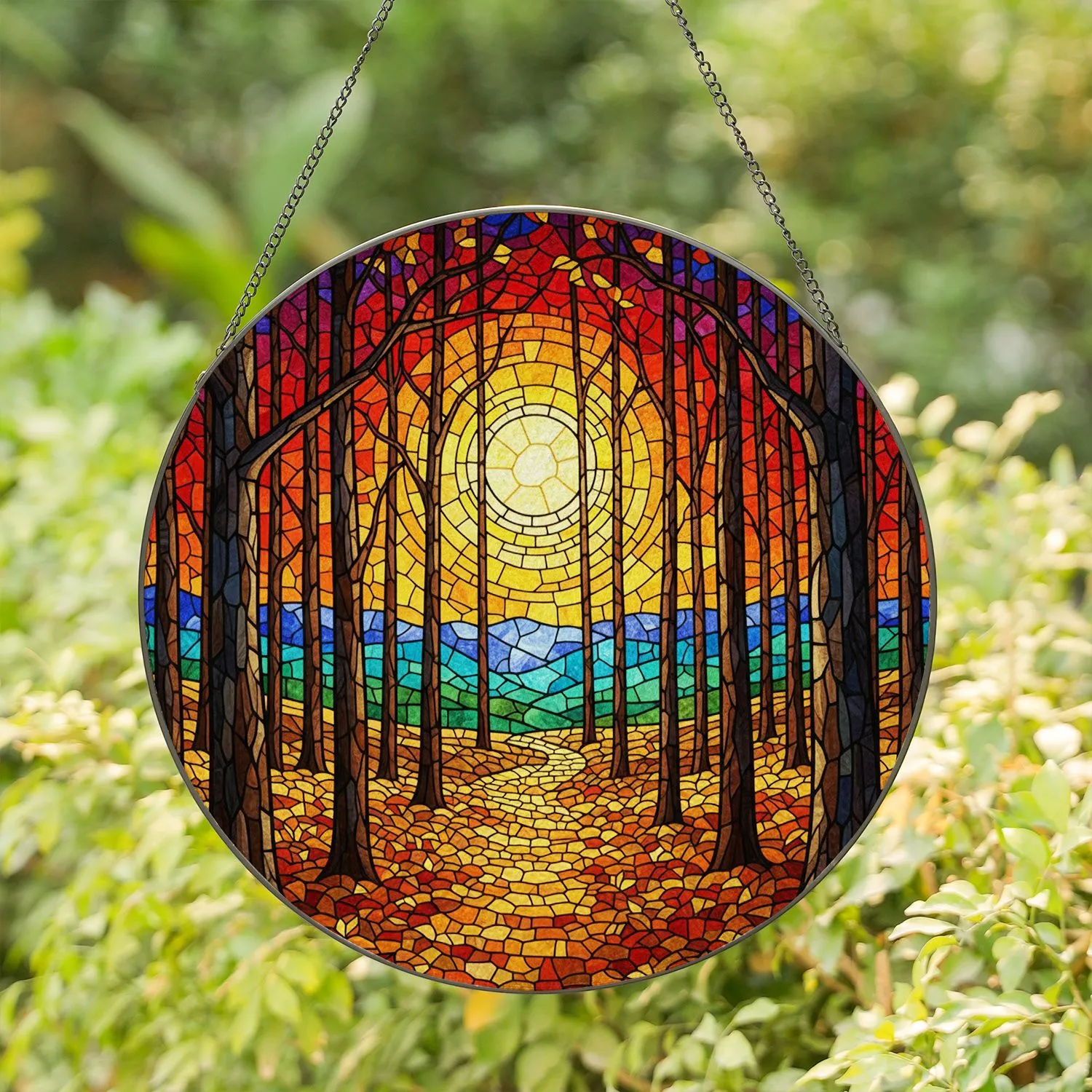 Autumn Forest Path Mosaic Stained Glass Window Decor - Jewel Tone Full Moon Forest Art Stained Glass Suncatcher - 1
