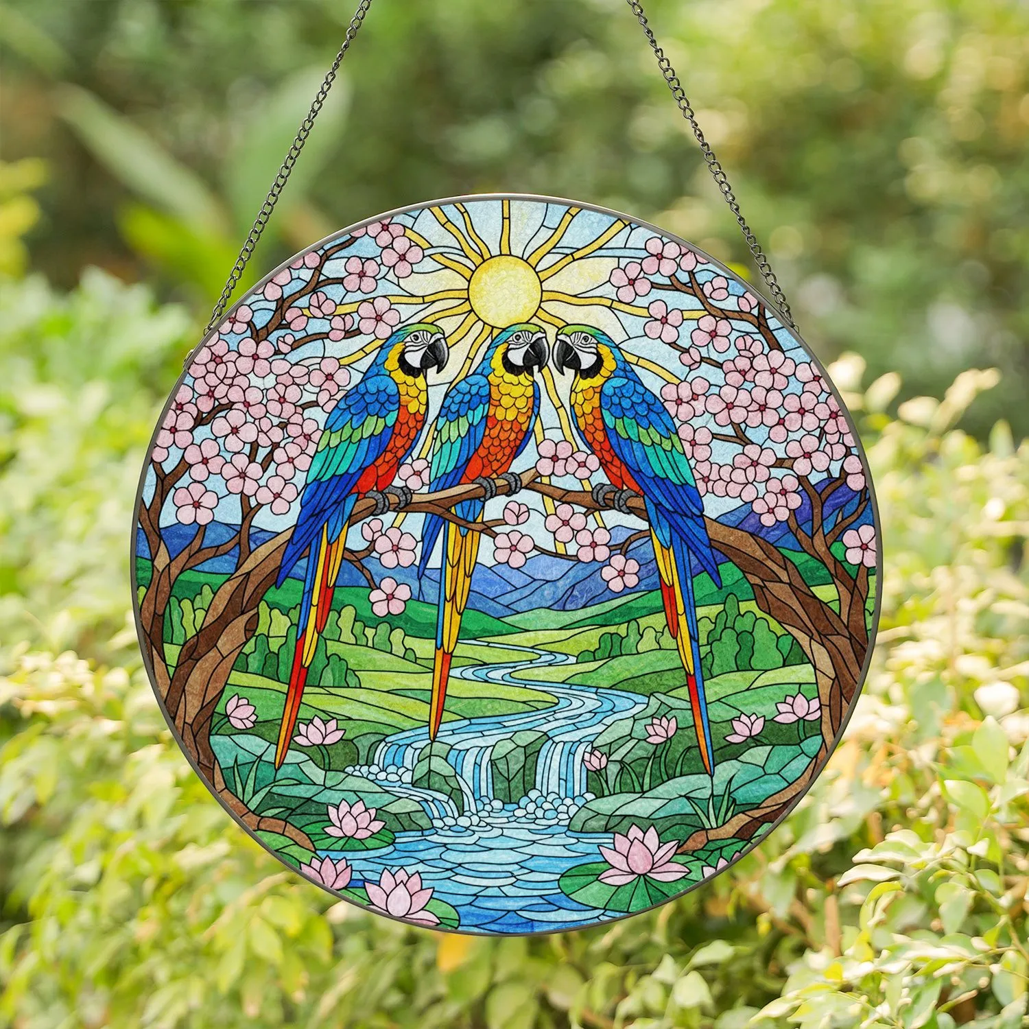 Macaw Parrots Stained Glass Art, Tiffany Style Tropical Landscape Jewel Tone River Scene Stained Glass Suncatcher - 1