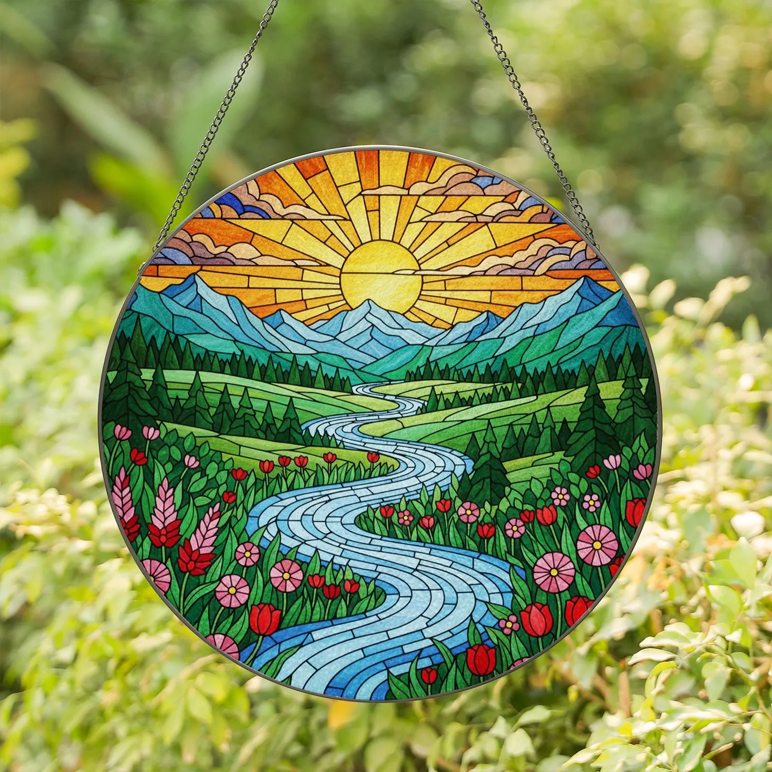 Tiffany Stained Glass River Mountain Landscape Wildflower Sun - Nature Decor Gift Stained Glass Suncatcher - 1