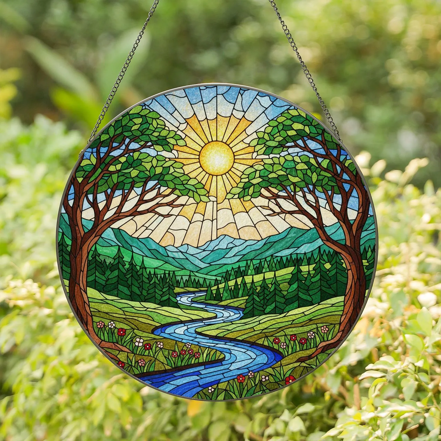 Radiating Sun Winding River Valley - Detailed Tiffany Glass Forest Mountain Wildflowers Art Stained Glass Suncatcher - 1
