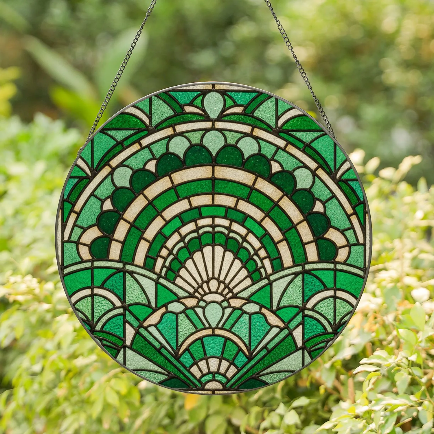 Art Deco Stained Glass Fan Mosaic Geometric Arch Design - Tiffany Style Jewel Tone Stained Glass Suncatcher - 1