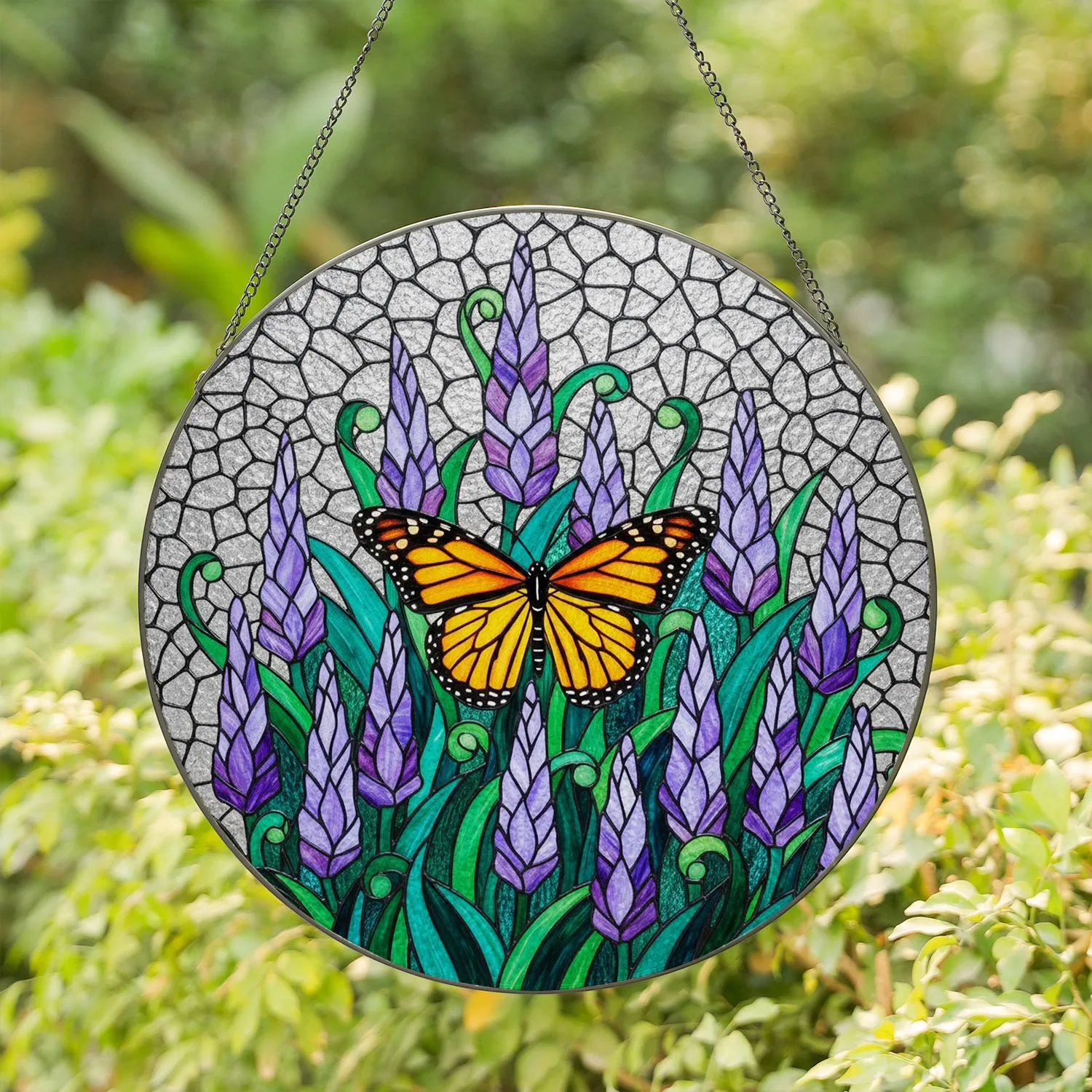 Monarch Butterfly Stained Glass Art with Lavender Flowers & Mosaic - Tiffany Style Decor Stained Glass Suncatcher - 1