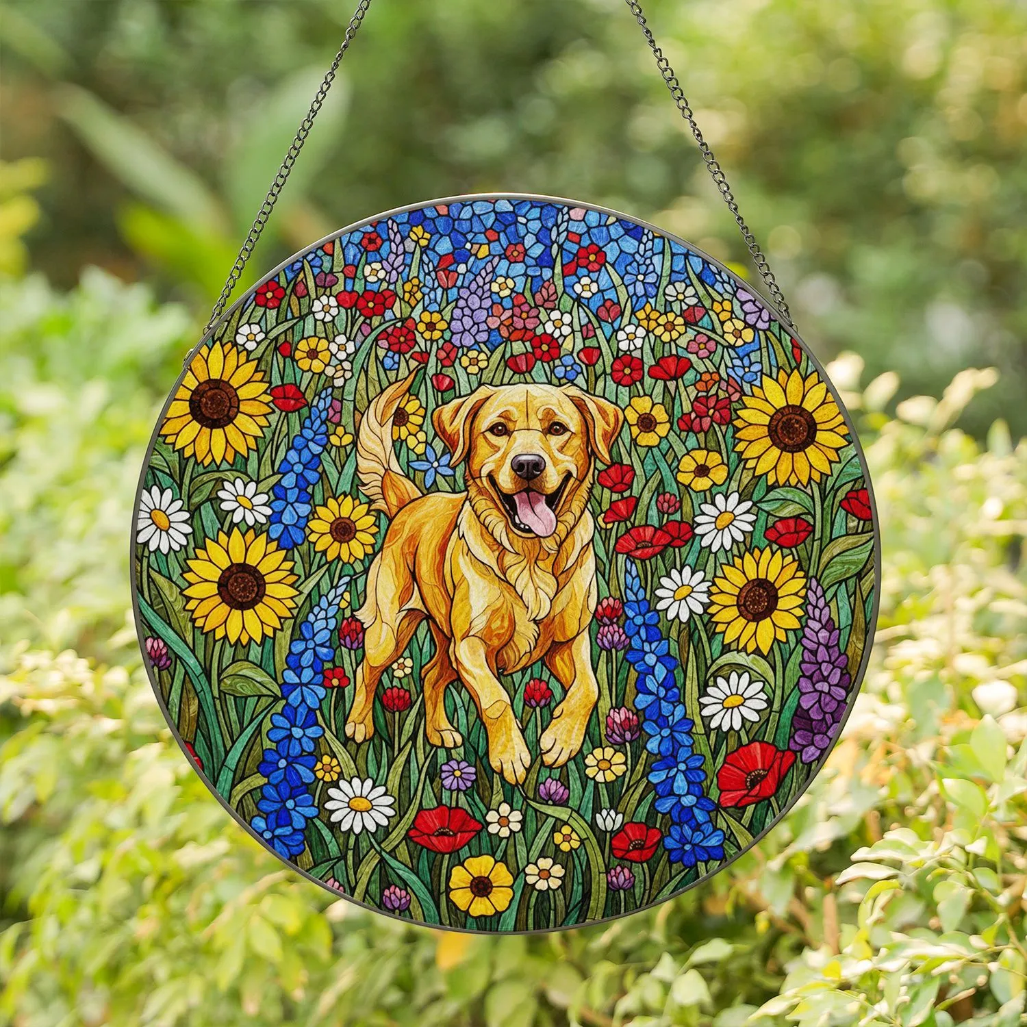 Golden Labrador Retriever Stained Glass Wildflower Meadow Art - Tiffany Jewel Tones Stained Glass Suncatcher - 1