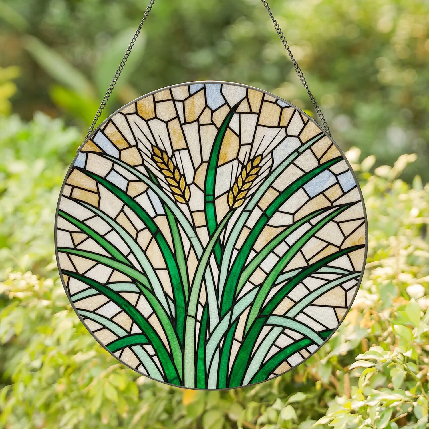 Tiffany Stained Glass Lush Green Grass Blades Wheat Seed Head Mosaic Jewel Tones Stained Glass Suncatcher - 1