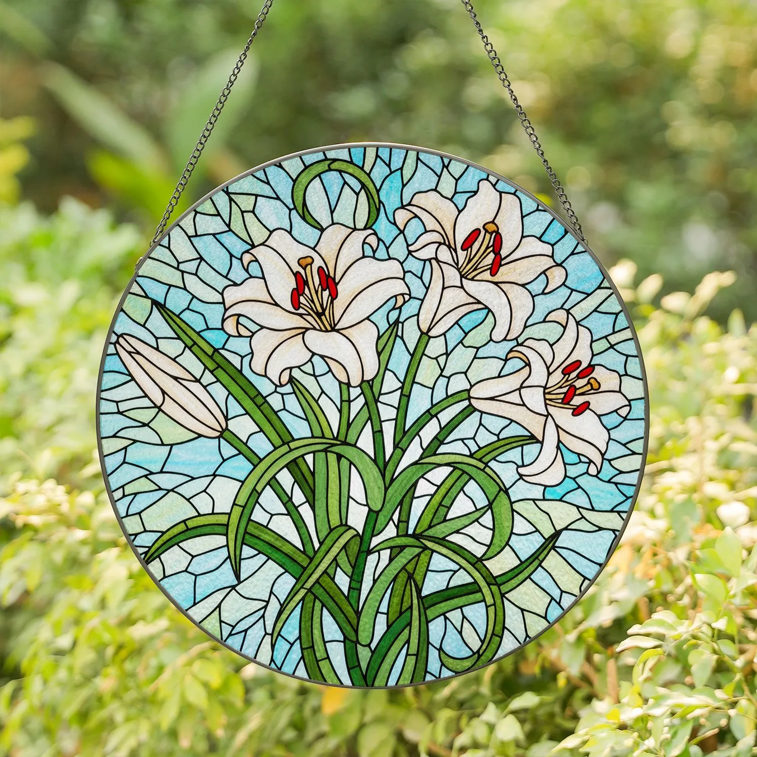 Translucent Three White Lily Flowers Red Stamens Tiffany Stained Glass Mosaic Sky Decor Stained Glass Suncatcher - 1