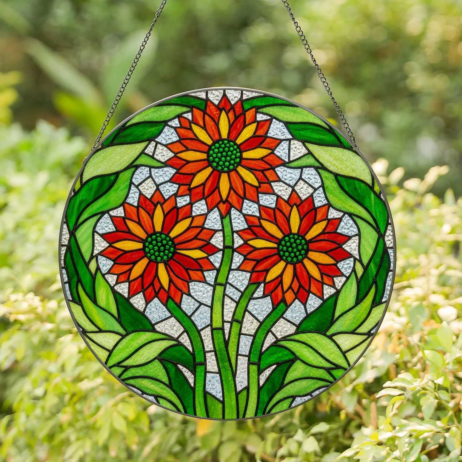 Dahlia Flowers Stained Glass Mosaic Window Art - Glowing Jewel Tones Home Decor Gift Stained Glass Suncatcher - 1