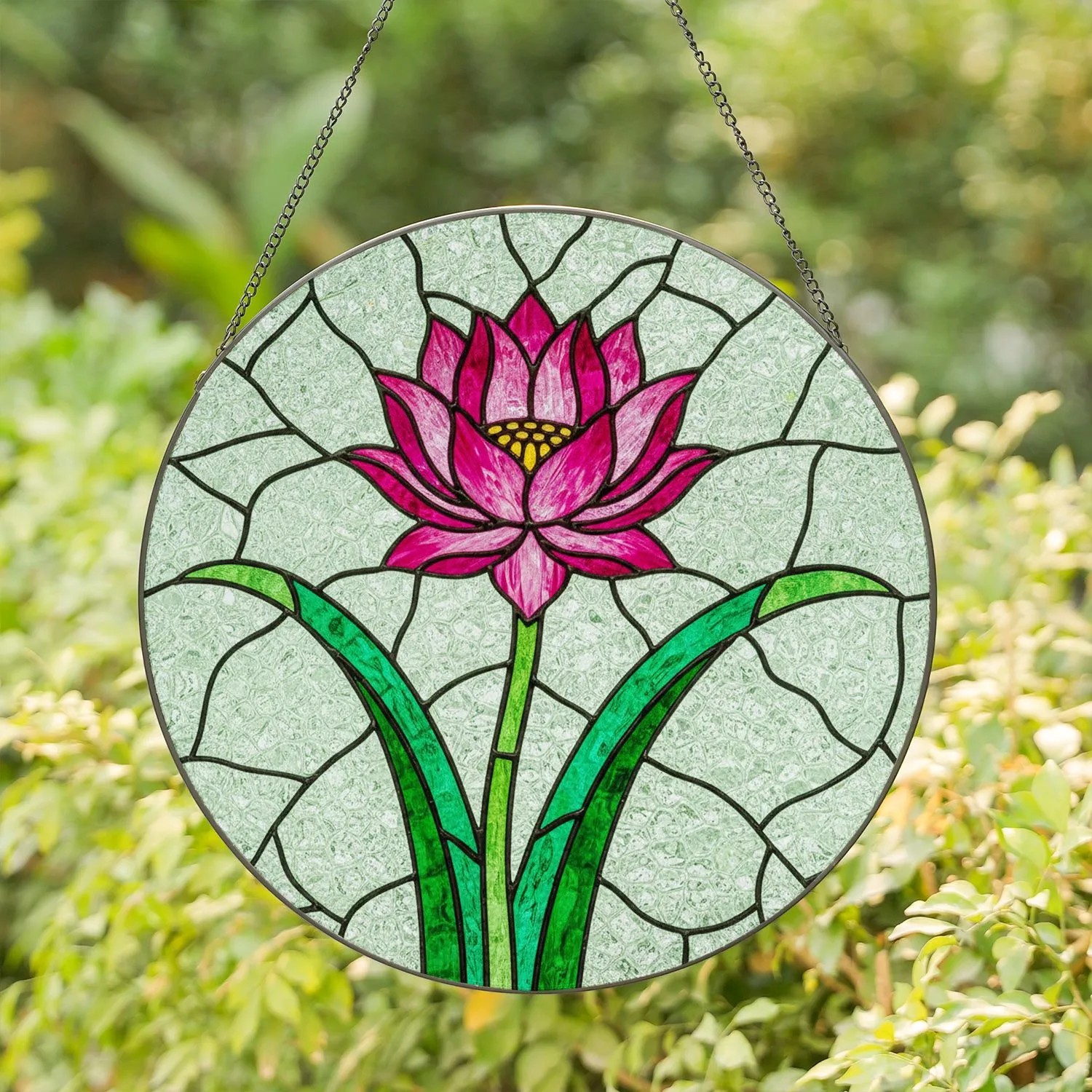 Tiffany Style Stained Glass Lotus Flower - Pink Magenta Emerald Green Window Art Stained Glass Suncatcher - 1